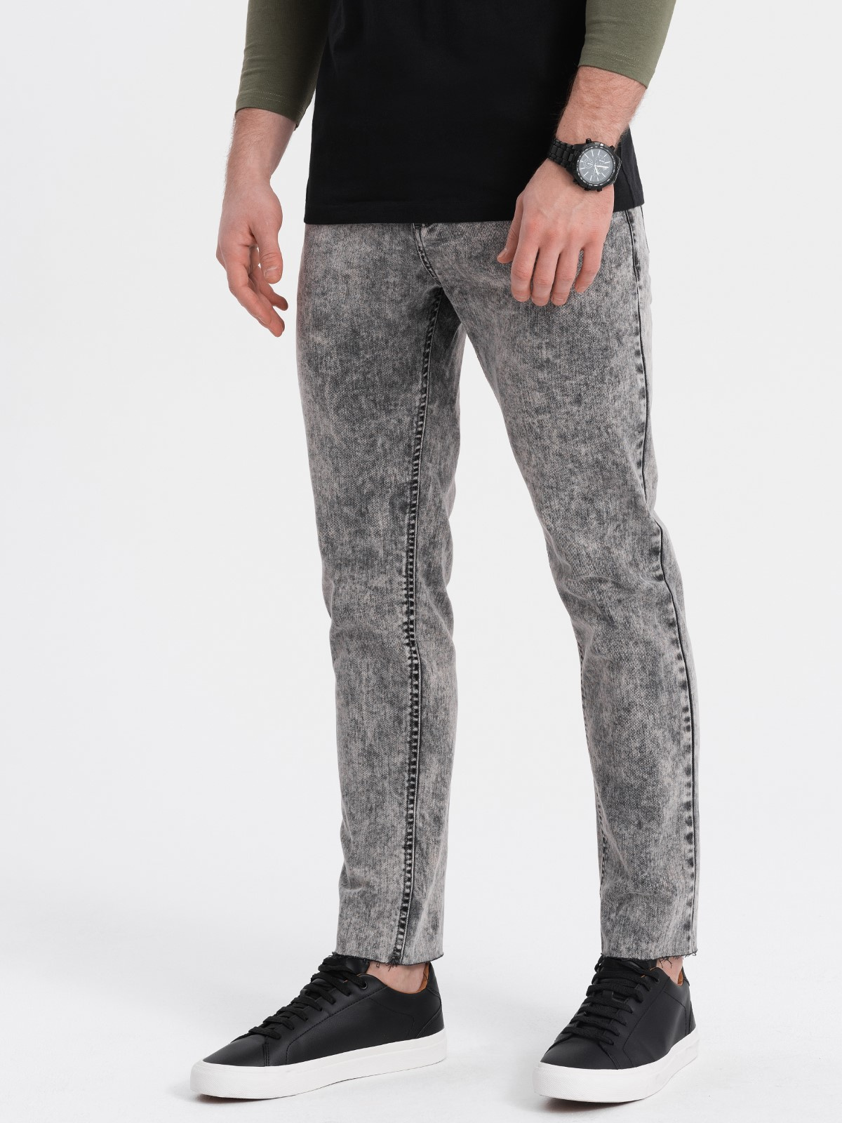 Ombre Men&#039;s marbled denim pants with raw-leg SLIM FIT - grey