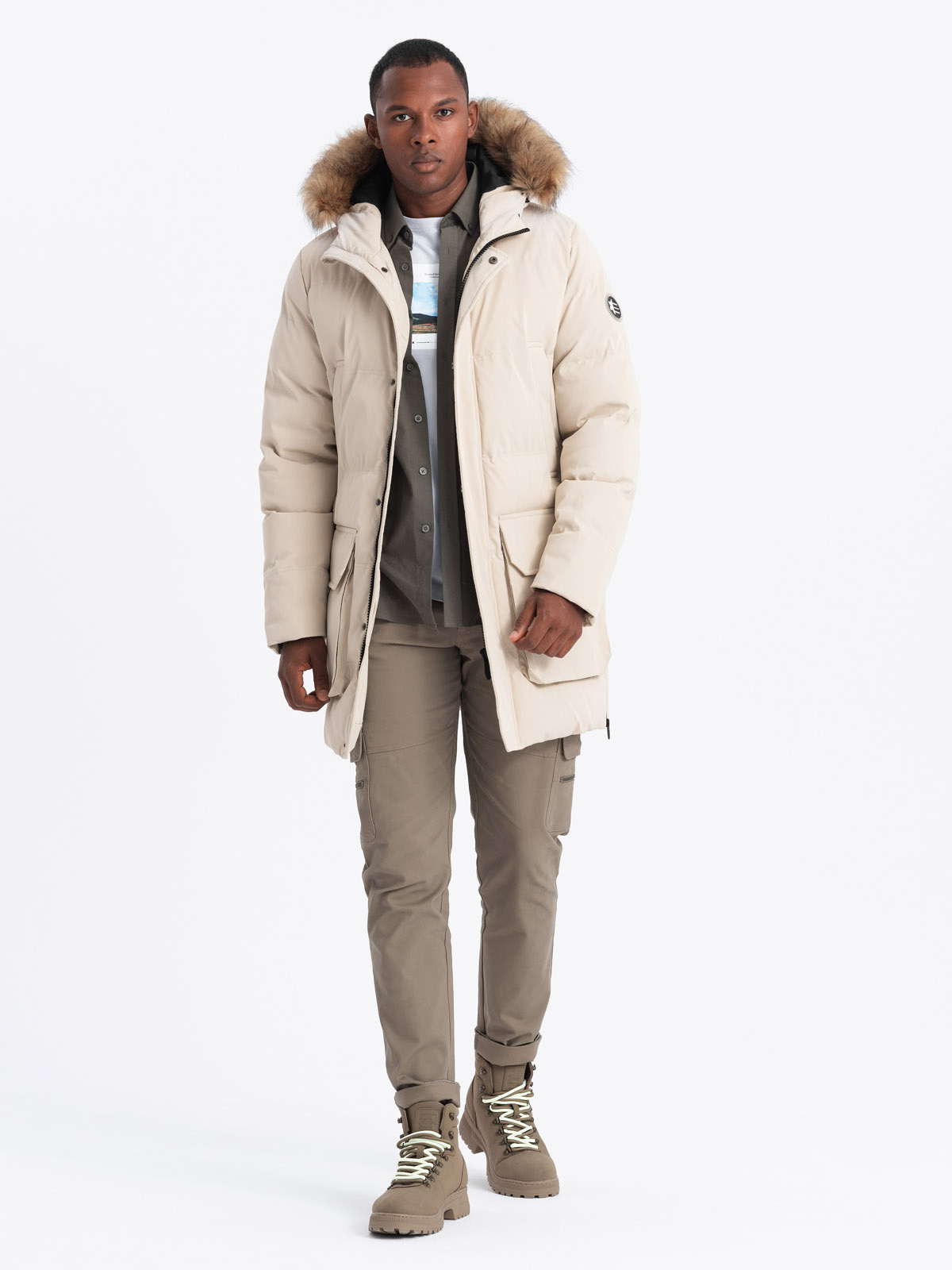 Ombre Men's long parka jacket with flared bottom - cream