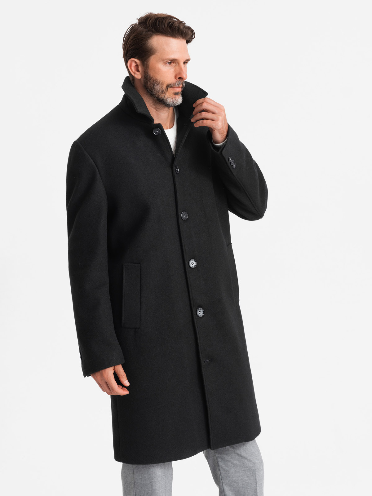 Ombre Men&#039;s long single-breasted coat with collar and undercoat - black
