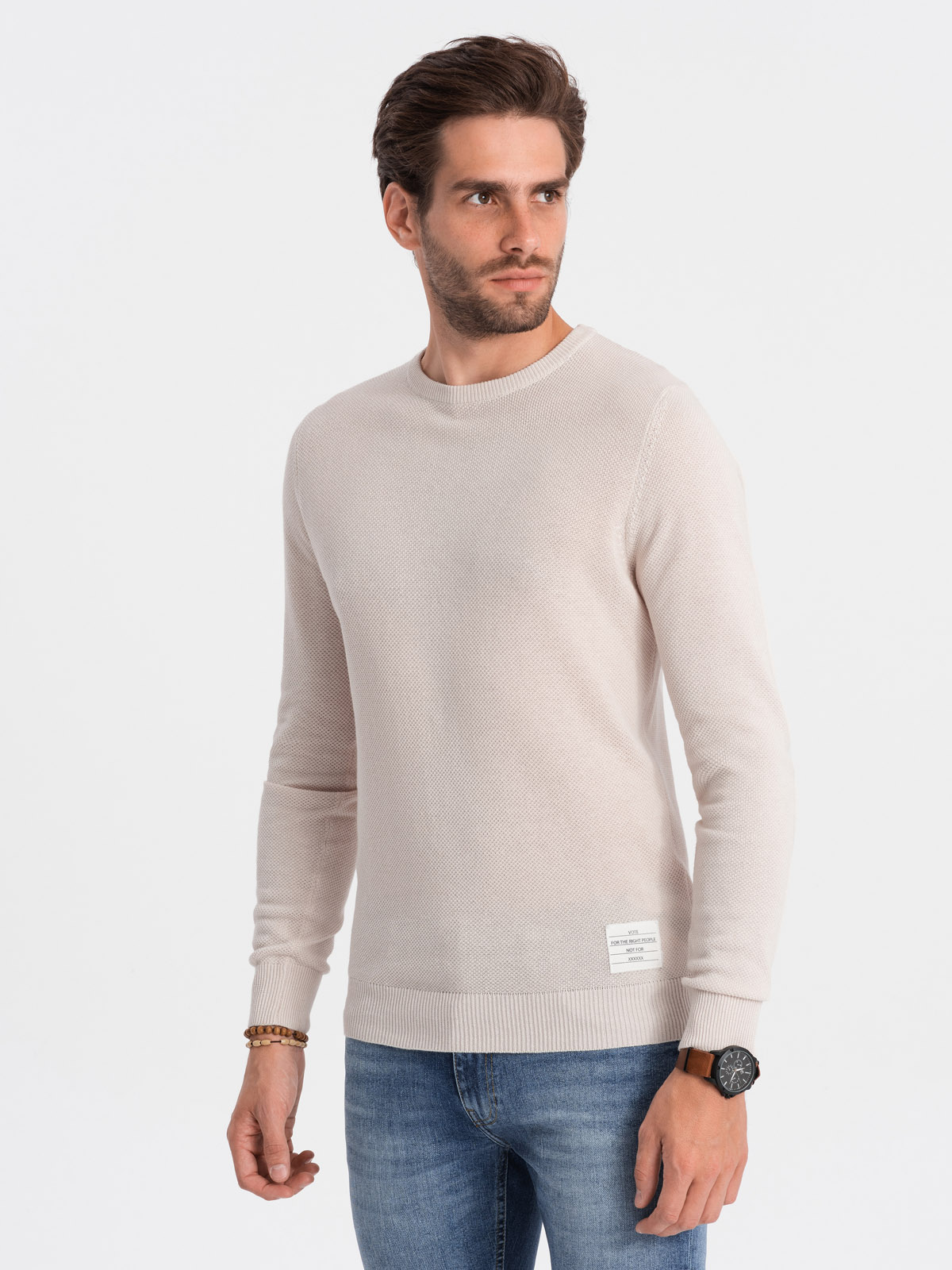 Ombre Men's textured sweater with half round neckline - beige