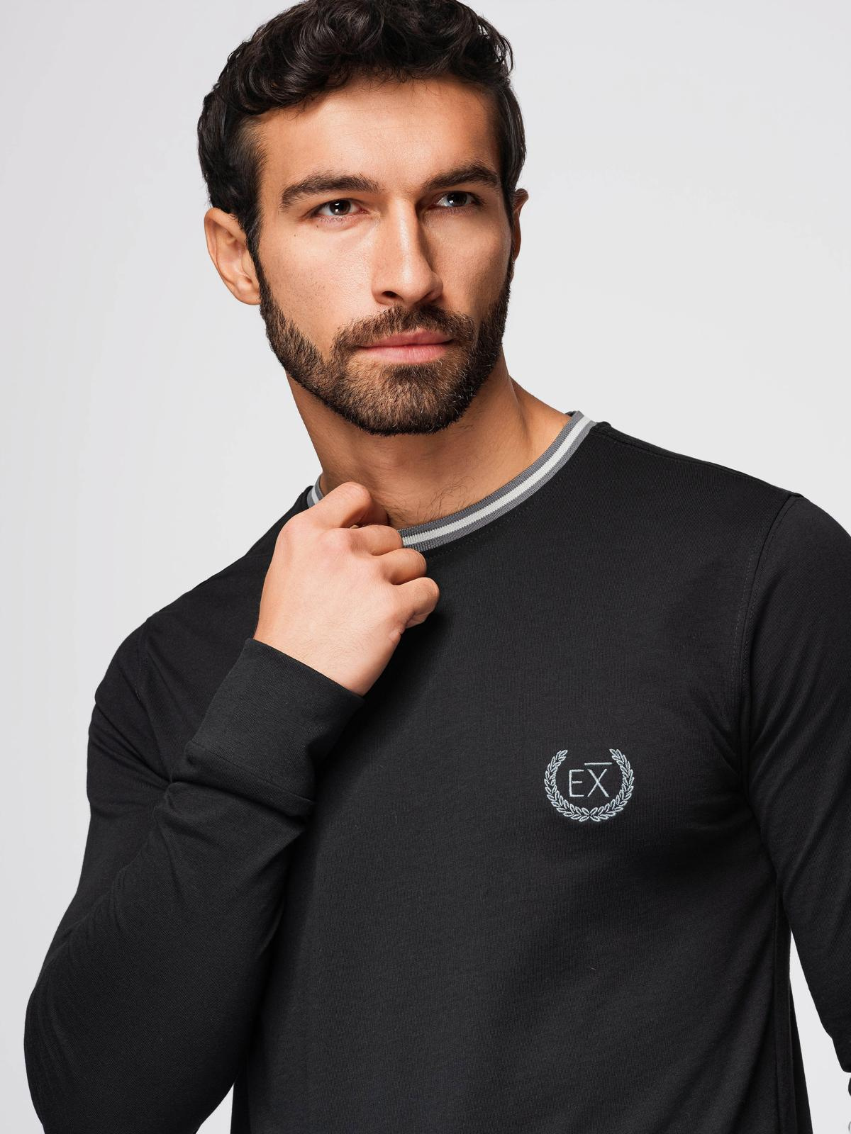 Ombre Men's cotton longsleeve with striped U neckline and embroidery - black