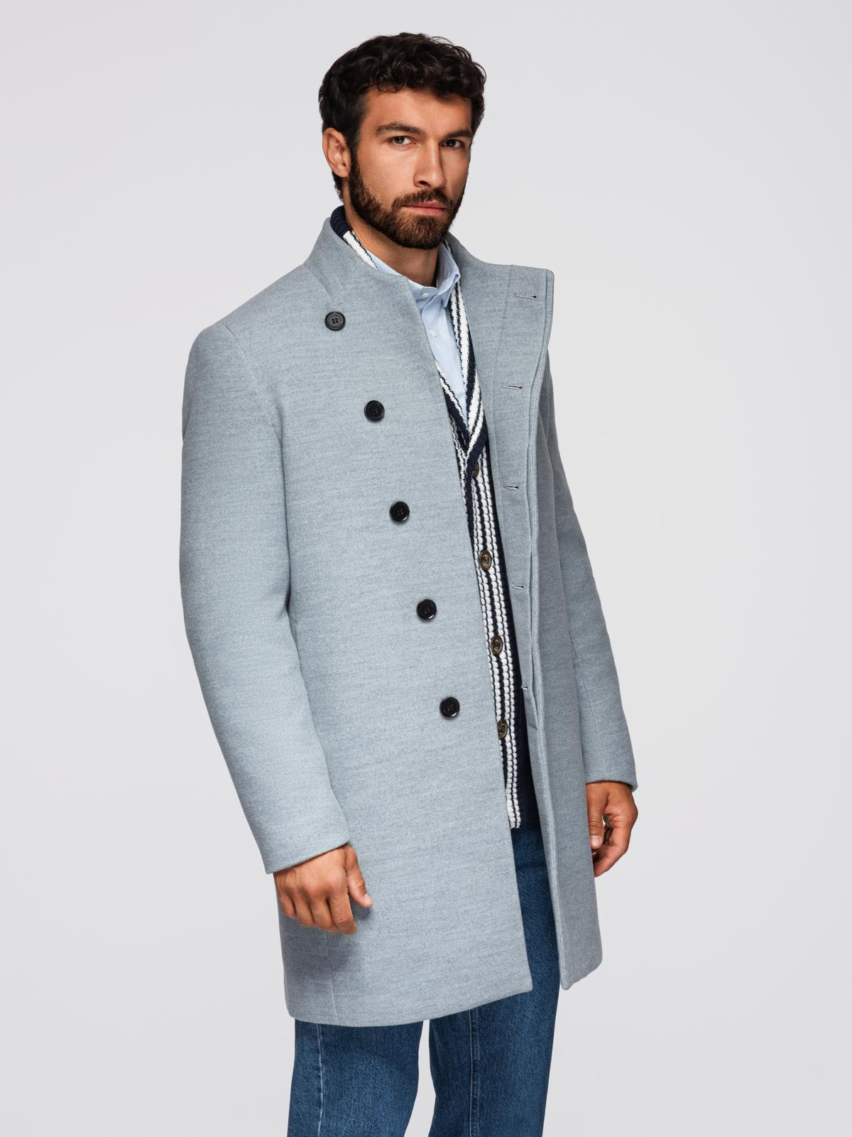 Ombre Men&#039;s coat with high collar and asymmetrical fastening - grey melange