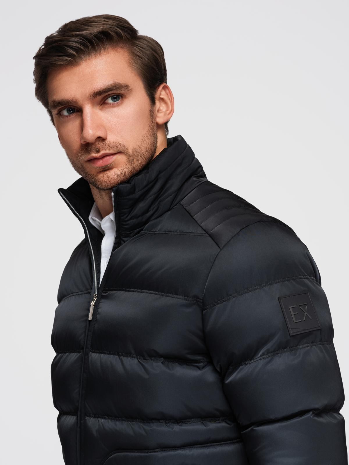 Ombre Men&#039;s quilted jacket with gloss and stand-up collar - black