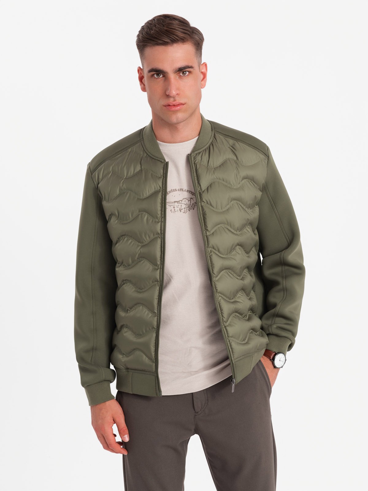 Ombre Men's quilted bomber jacket - dark olive green