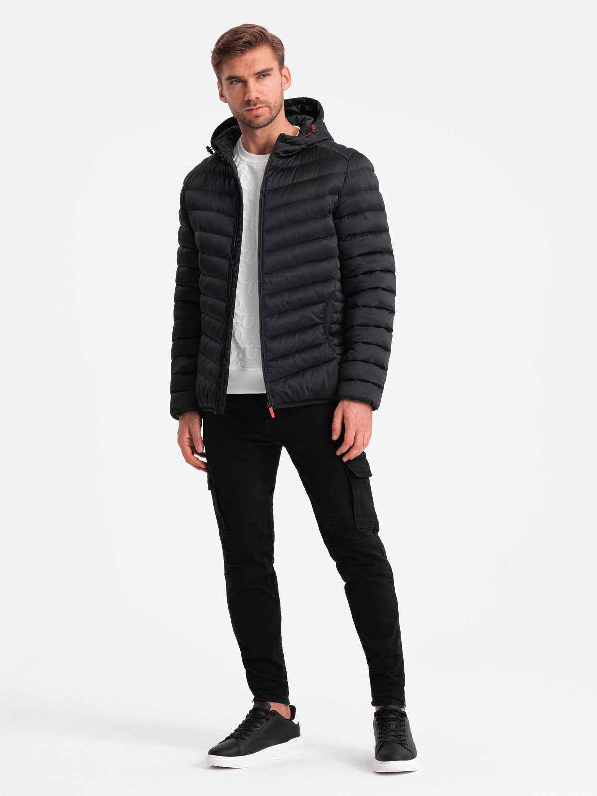 Ombre Lightly insulated quilted men's jacket with satin trim - black