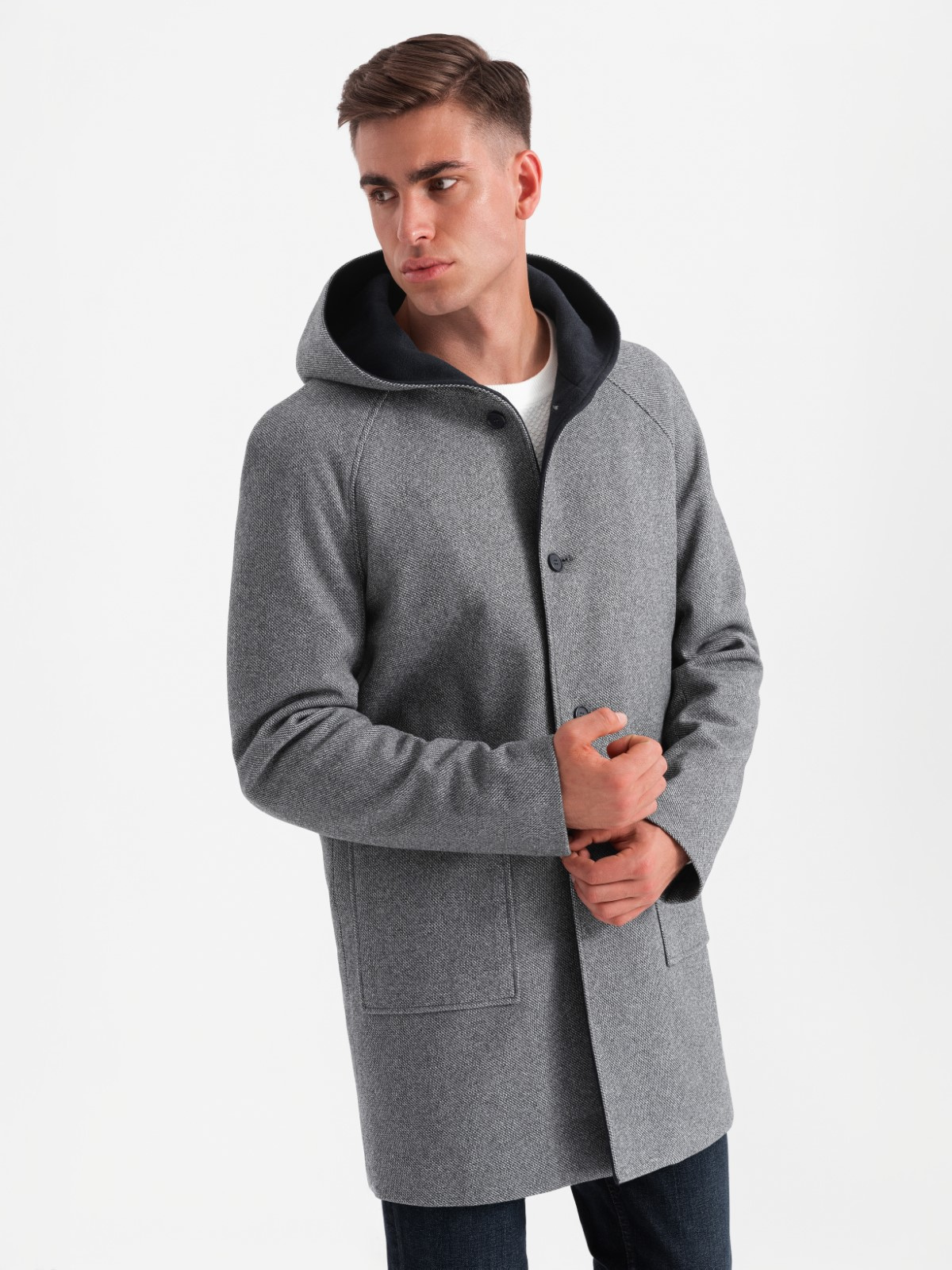 Ombre Men's Melange Long Coat With Hood - Grey