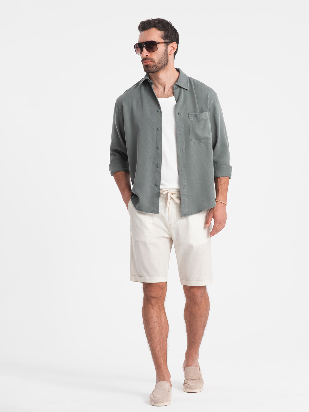 Ombre Men's Short Shorts With Linen - Cream