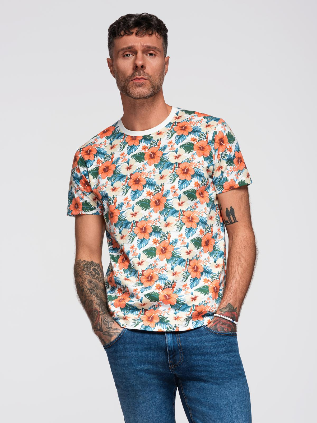 Ombre Mens cotton t-shirt with floral full print pattern - white