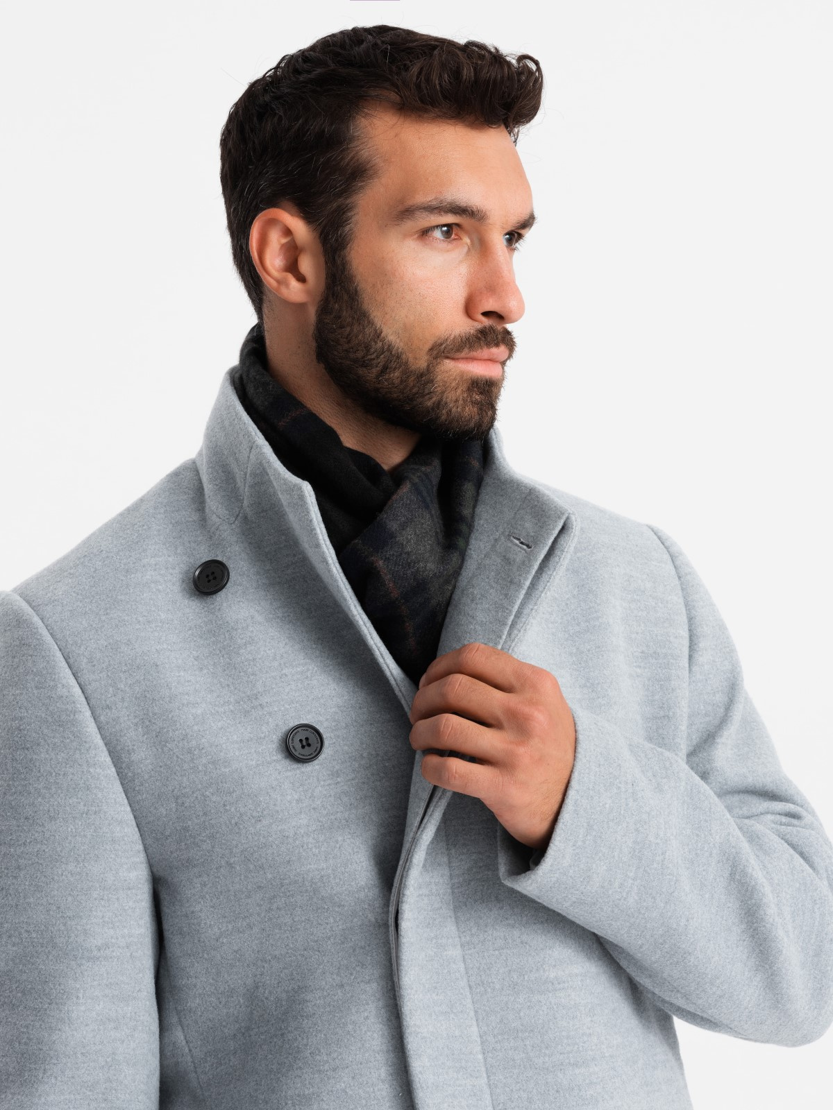 Ombre Men's coat with high collar and asymmetrical fastening - grey melange