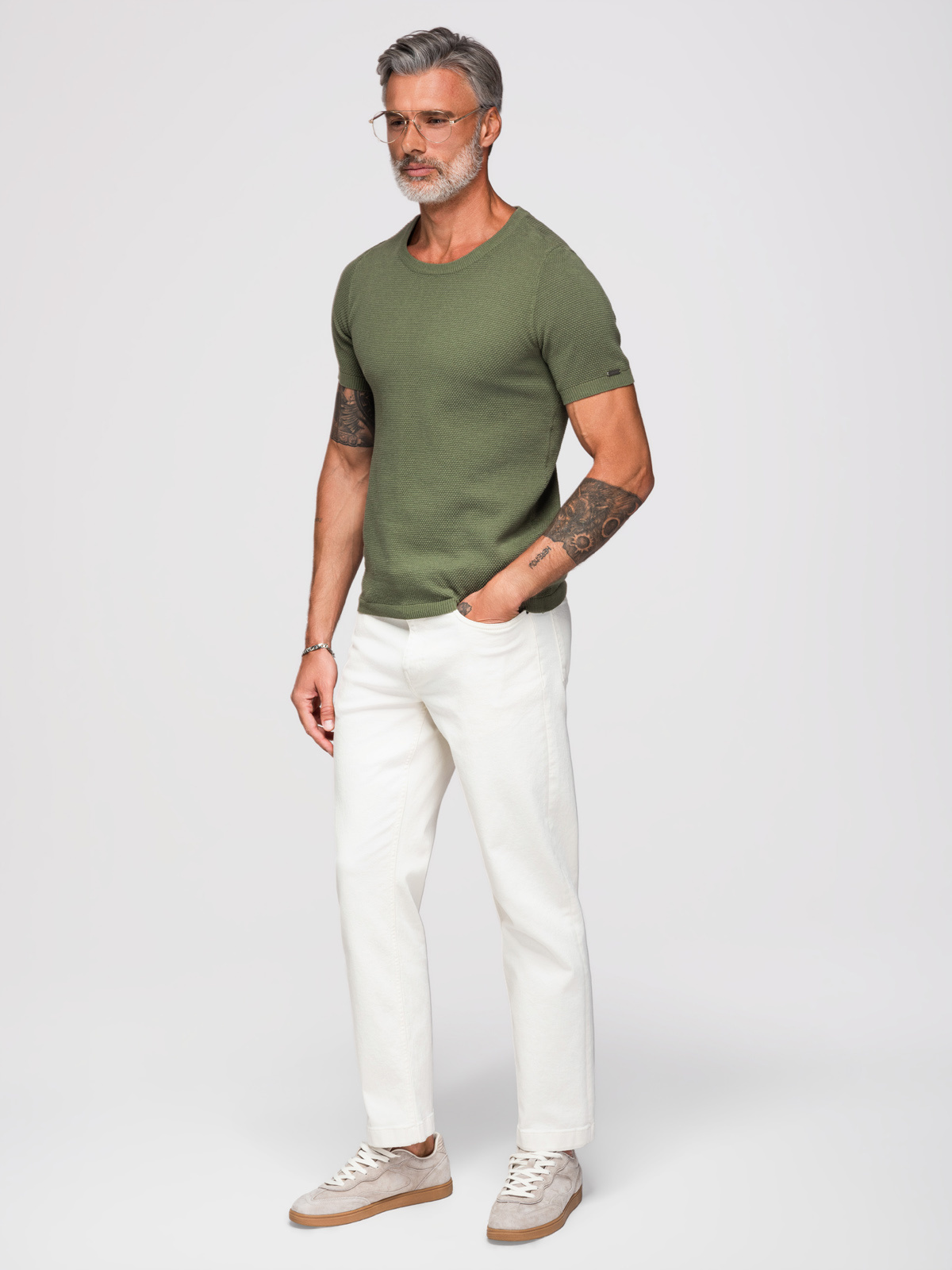Ombre Men's knitted t-shirt with fine texture - olive