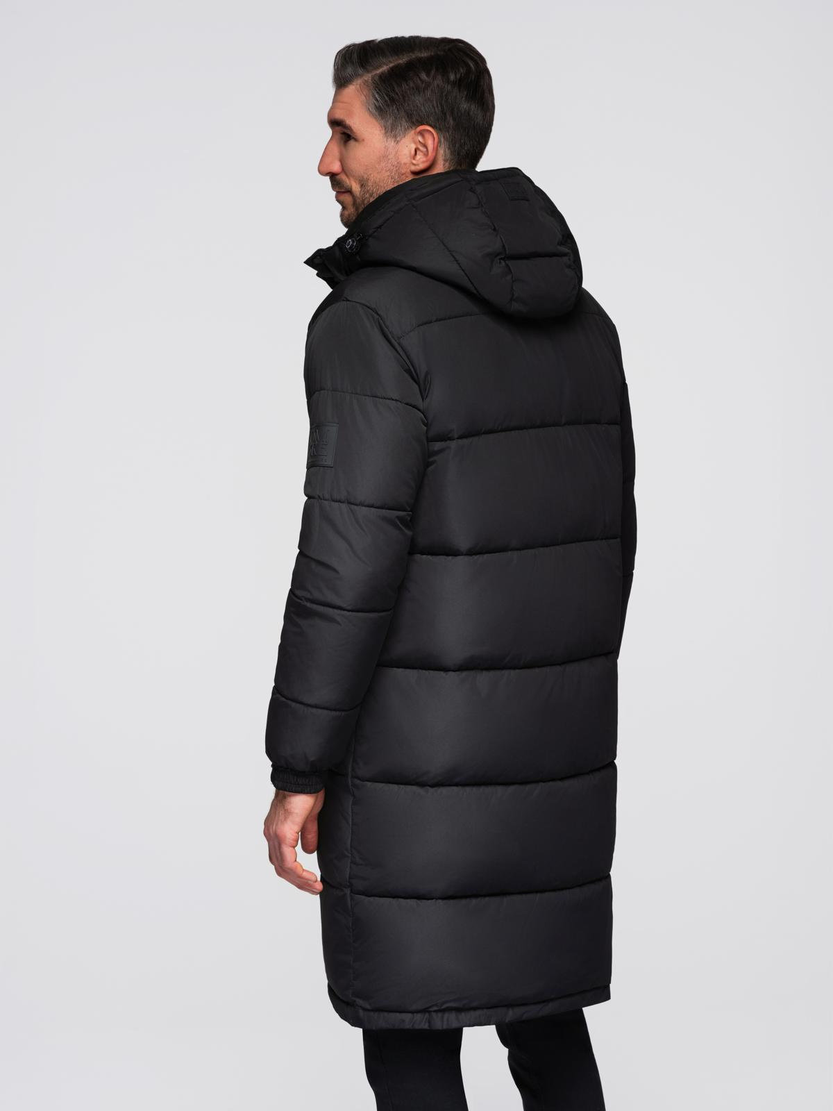 Ombre Men&#039;s quilted long jacket with detachable hood - black