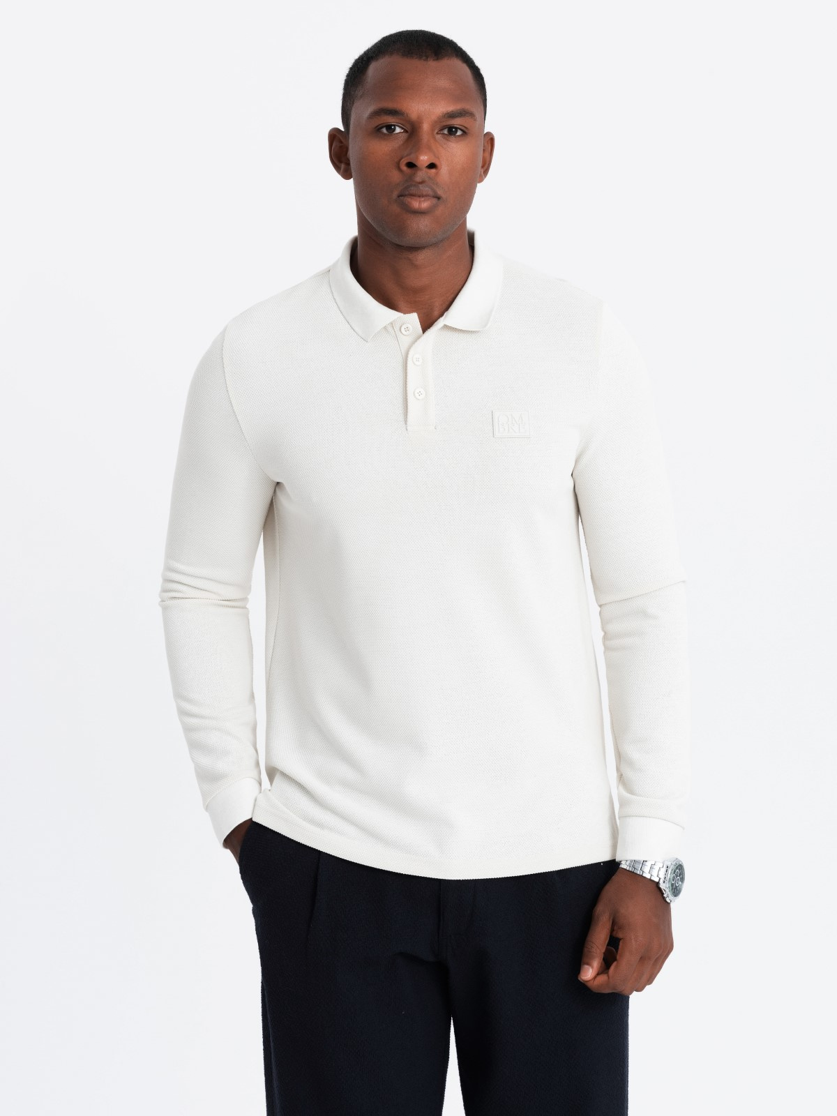Ombre Structured men's polo longsleeve with patch - white