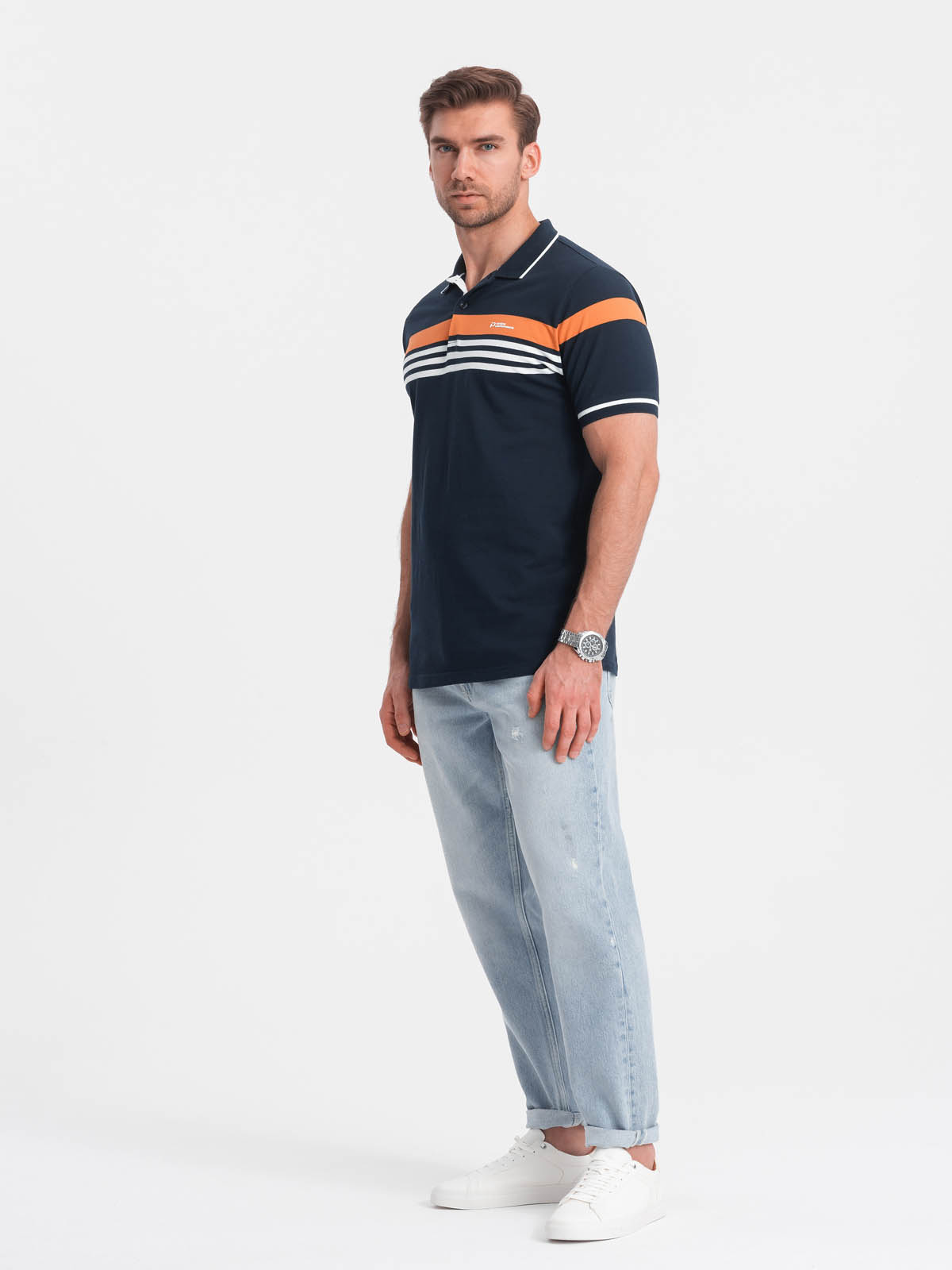 Ombre Fitted men's polo shirt with two-tone stripes - navy blue
