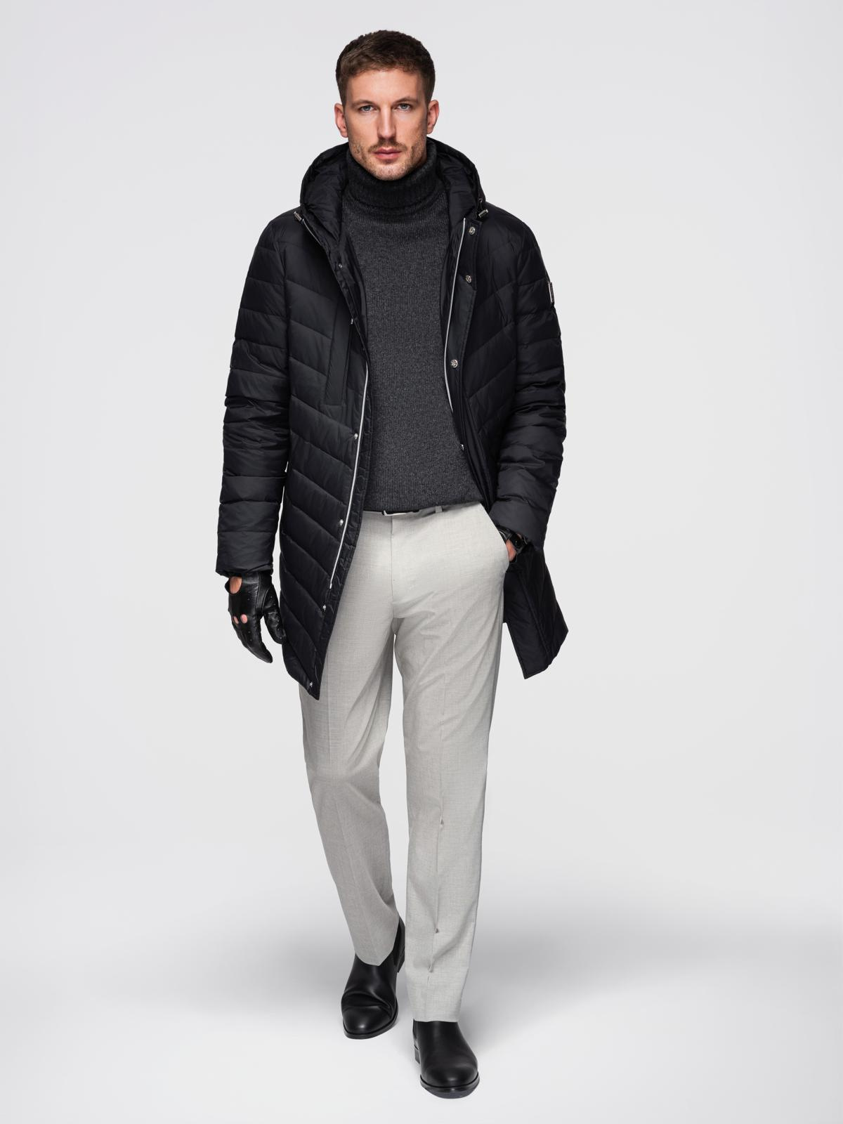 Ombre Men&#039;s long quilted jacket with natural filling - black