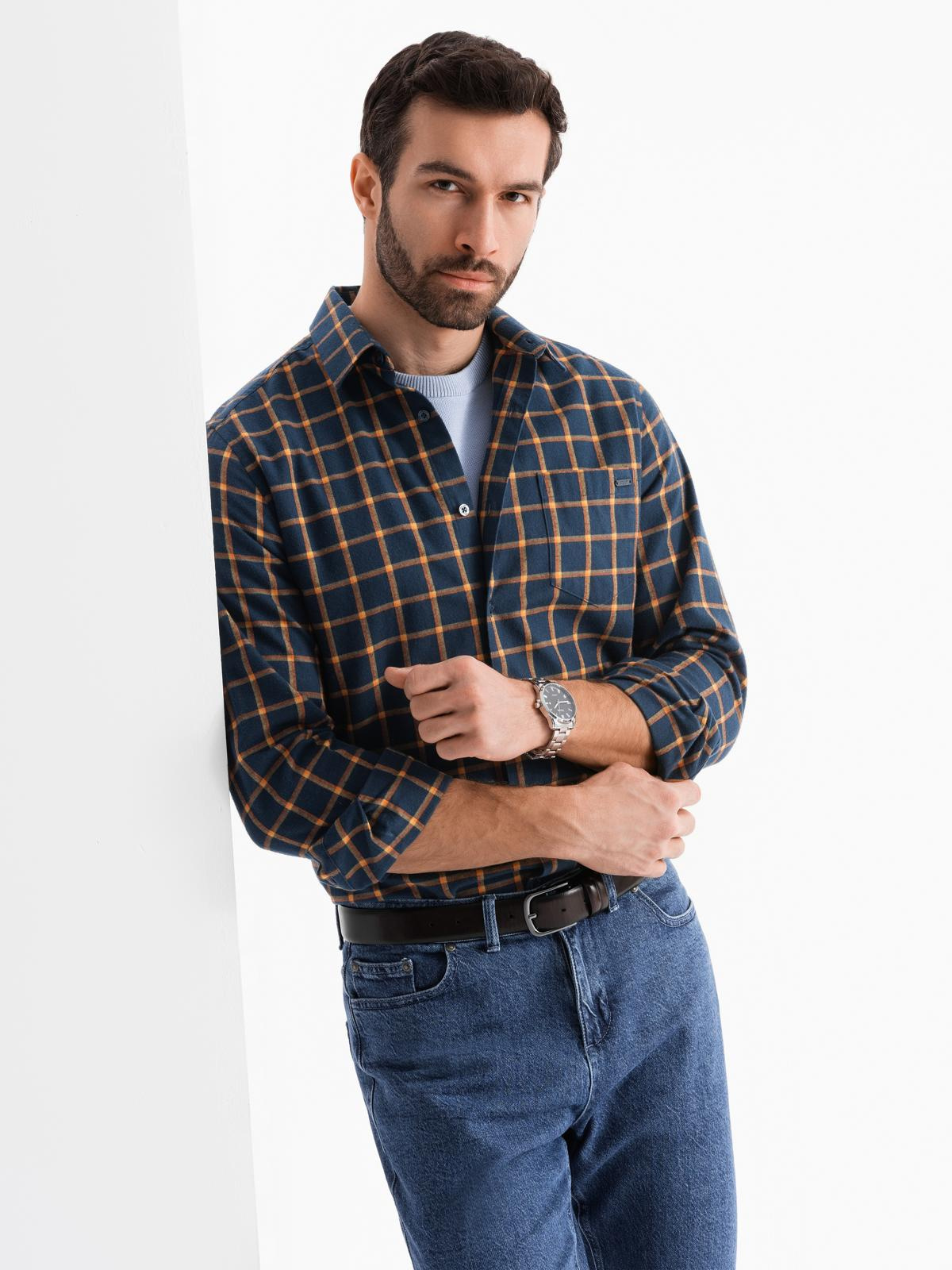 Ombre Men's plaid flannel shirt SLIM FIT - navy blue and orange