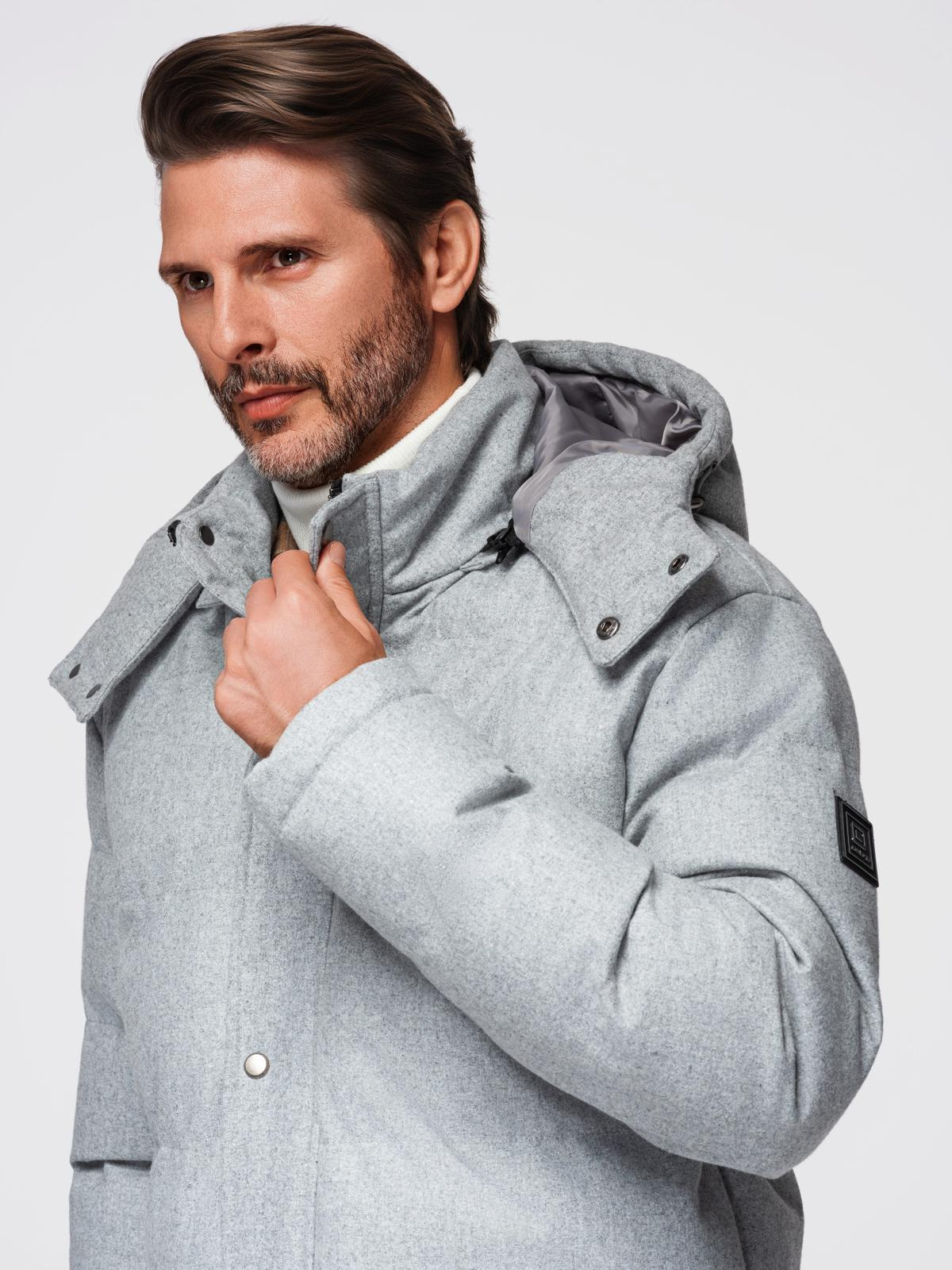 Ombre Warm men&#039;s long parka jacket with wool - light grey melange