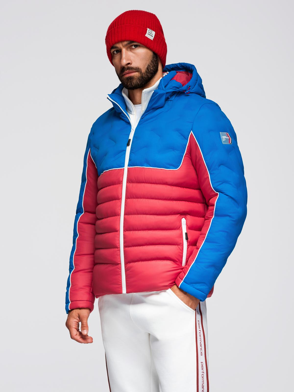 Ombre Men&#039;s quilted jacket with detachable hood - blue and red