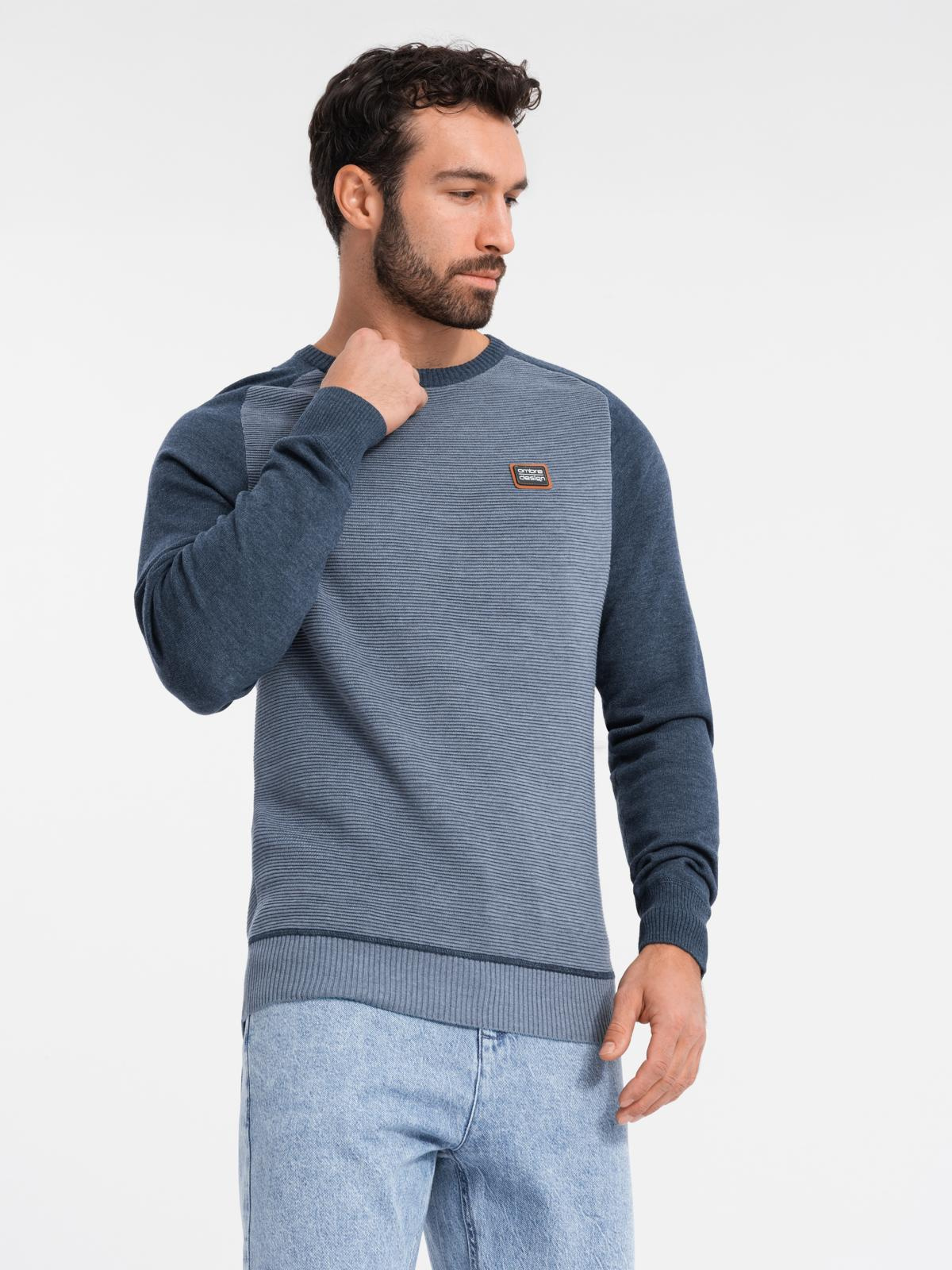 Ombre Cotton men&#039;s sweater with patch and raglan sleeves - navy blue