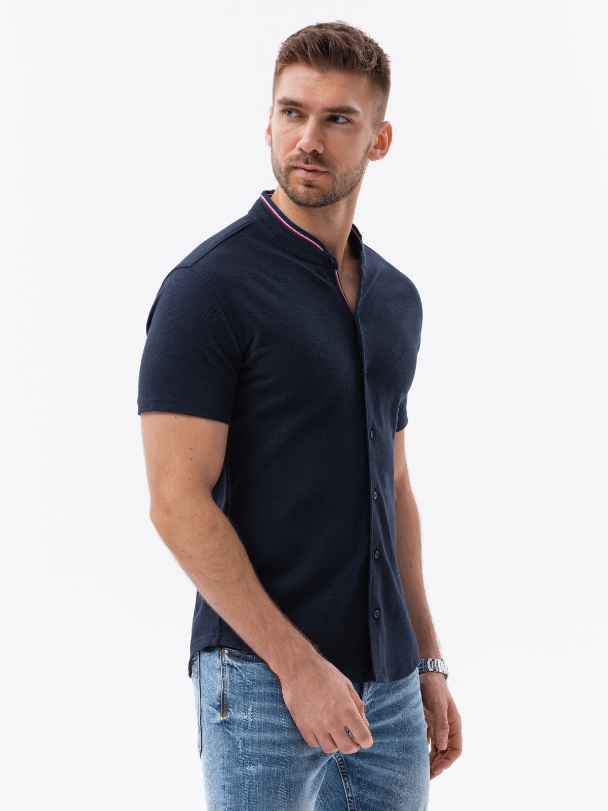 Ombre Men's knitted shirt with short sleeves and collared collar - navy blue