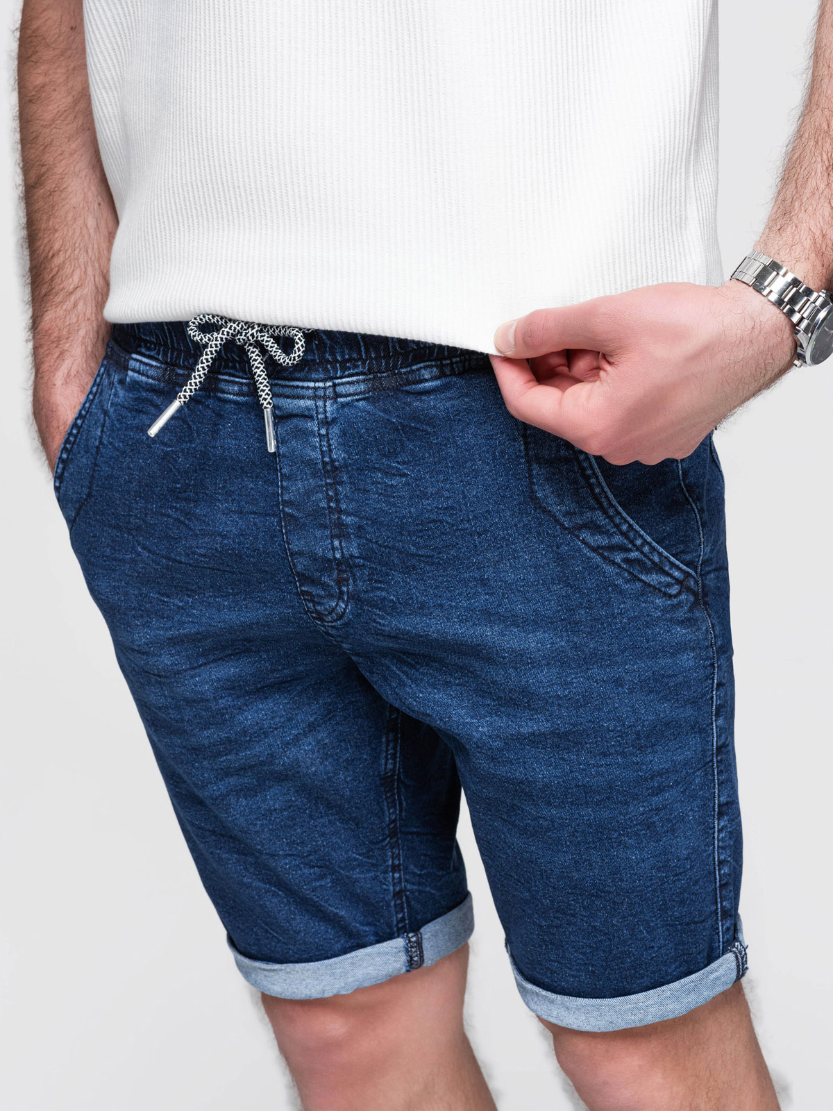 Ombre Men's denim shorts with rolled up leg - dark blue