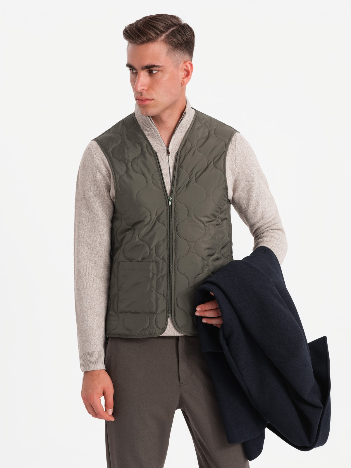 Ombre Men&#039;s long single-breasted coat with collar and undercoat - navy blue