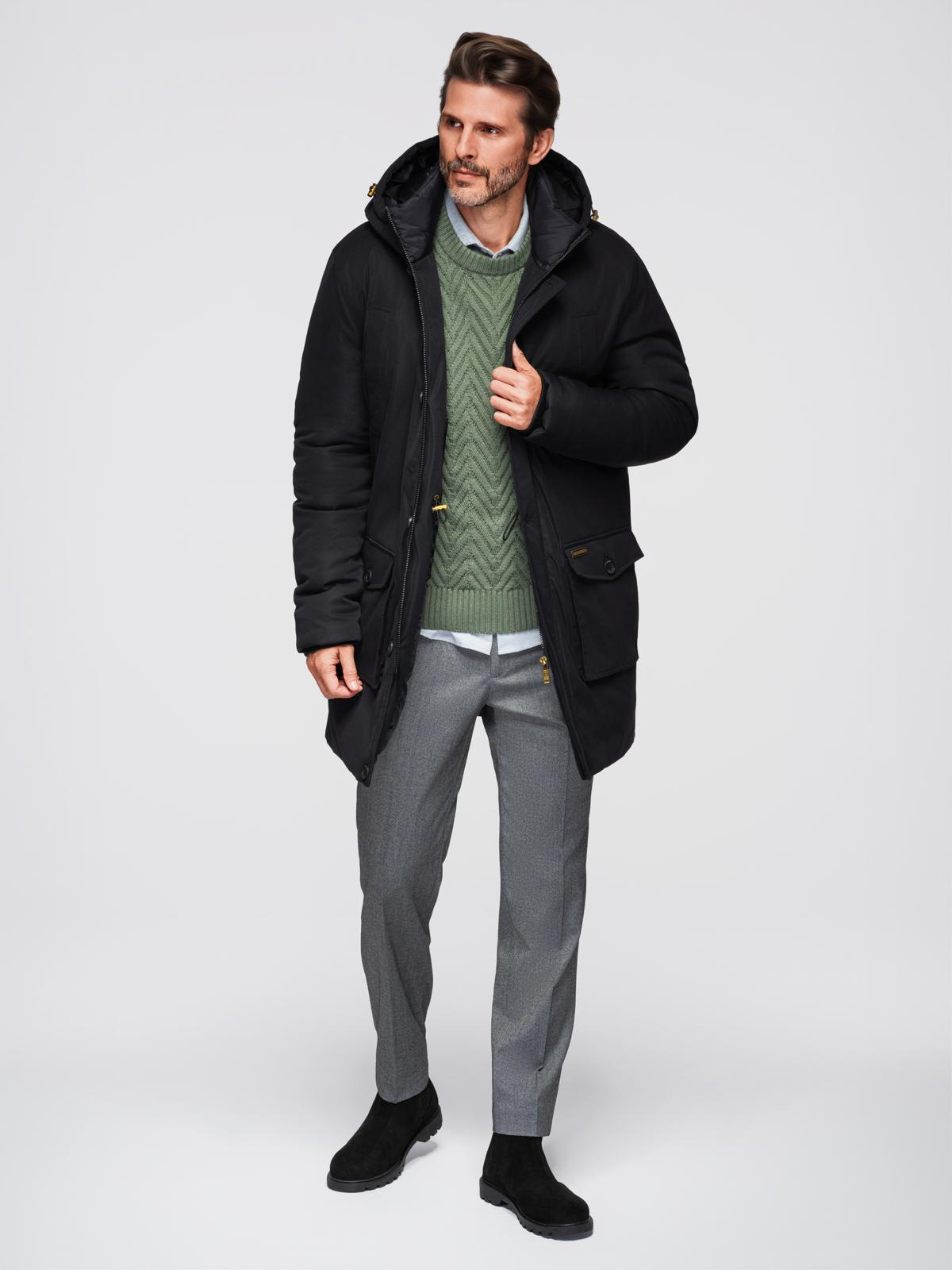 Ombre Elegant men&#039;s parka with cargo pockets and hood - black