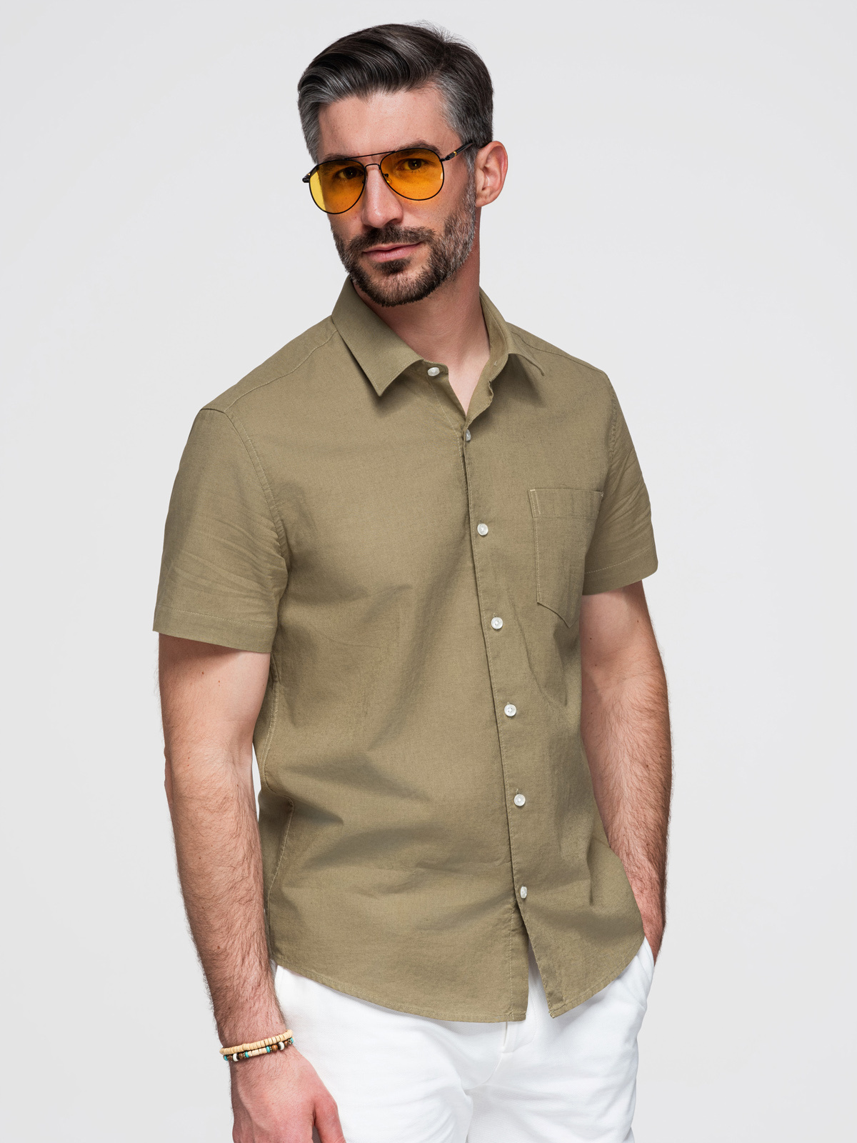 Ombre Men's short sleeve cotton and linen shirt with pocket - olive