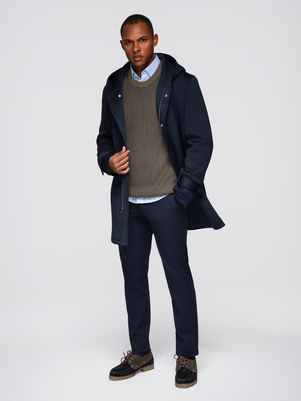 Ombre Minimalist men&#039;s mid-length coat with hood - navy blue