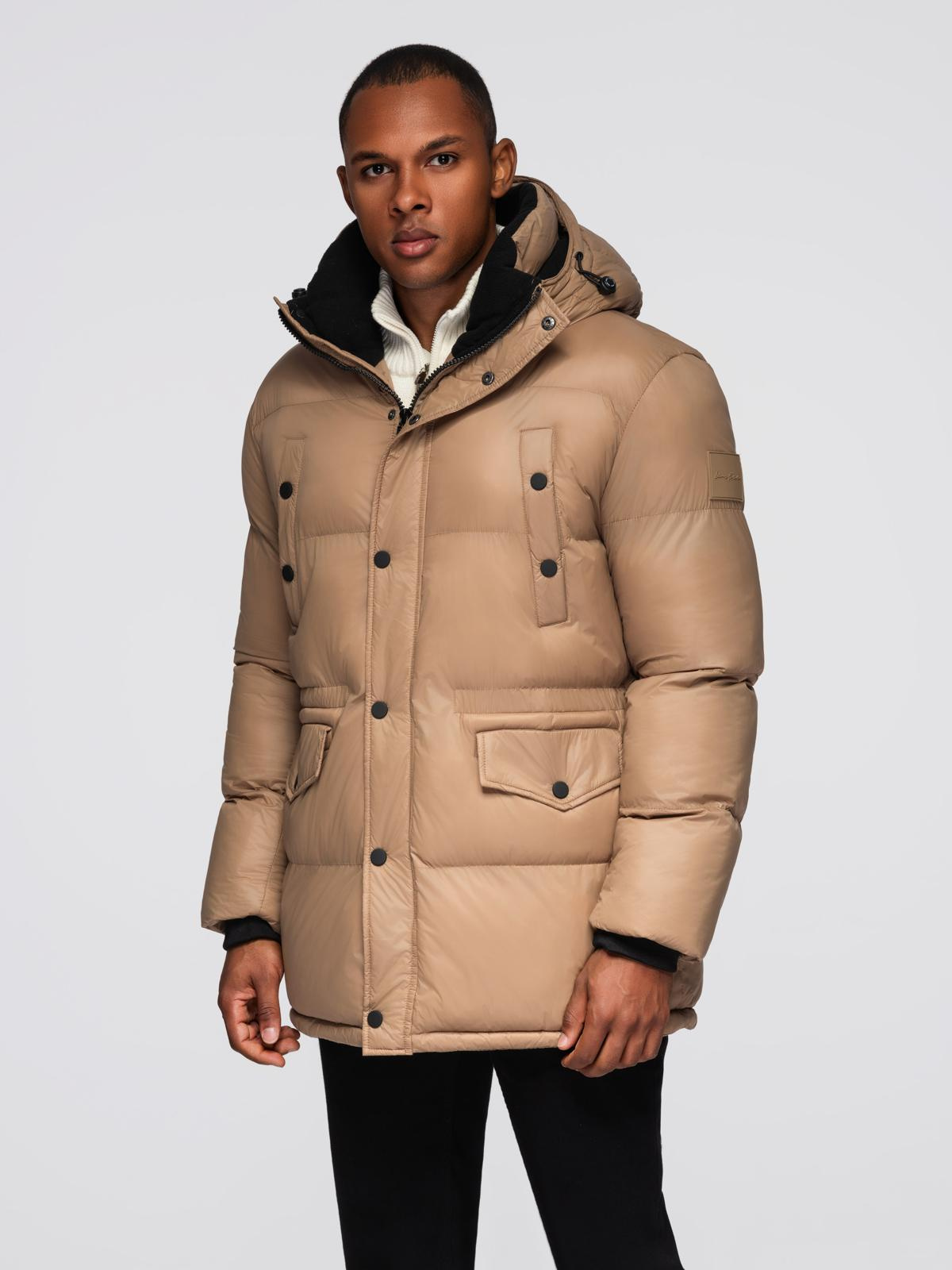 Ombre Men&#039;s long puffer jacket with snap pockets - brown