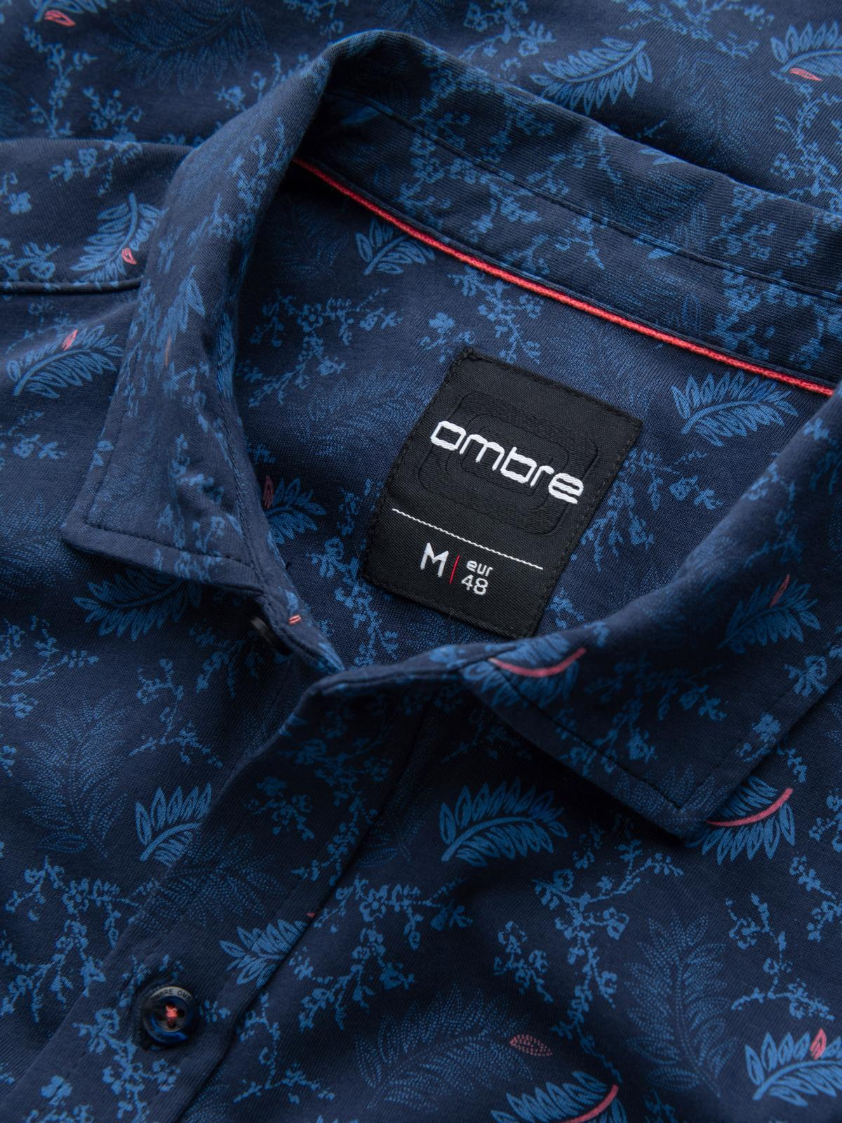 Ombre Men&#039;s cotton shirt with floral motif - navy blue