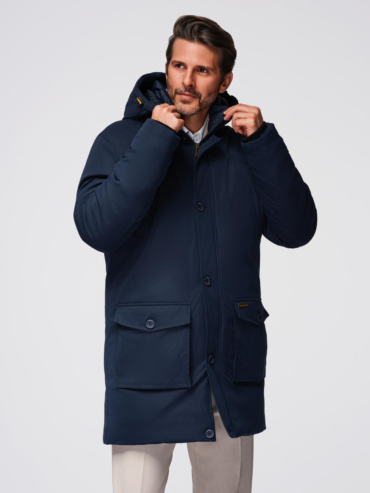 Ombre Elegant men&#039;s parka with cargo pockets and hood - navy blue