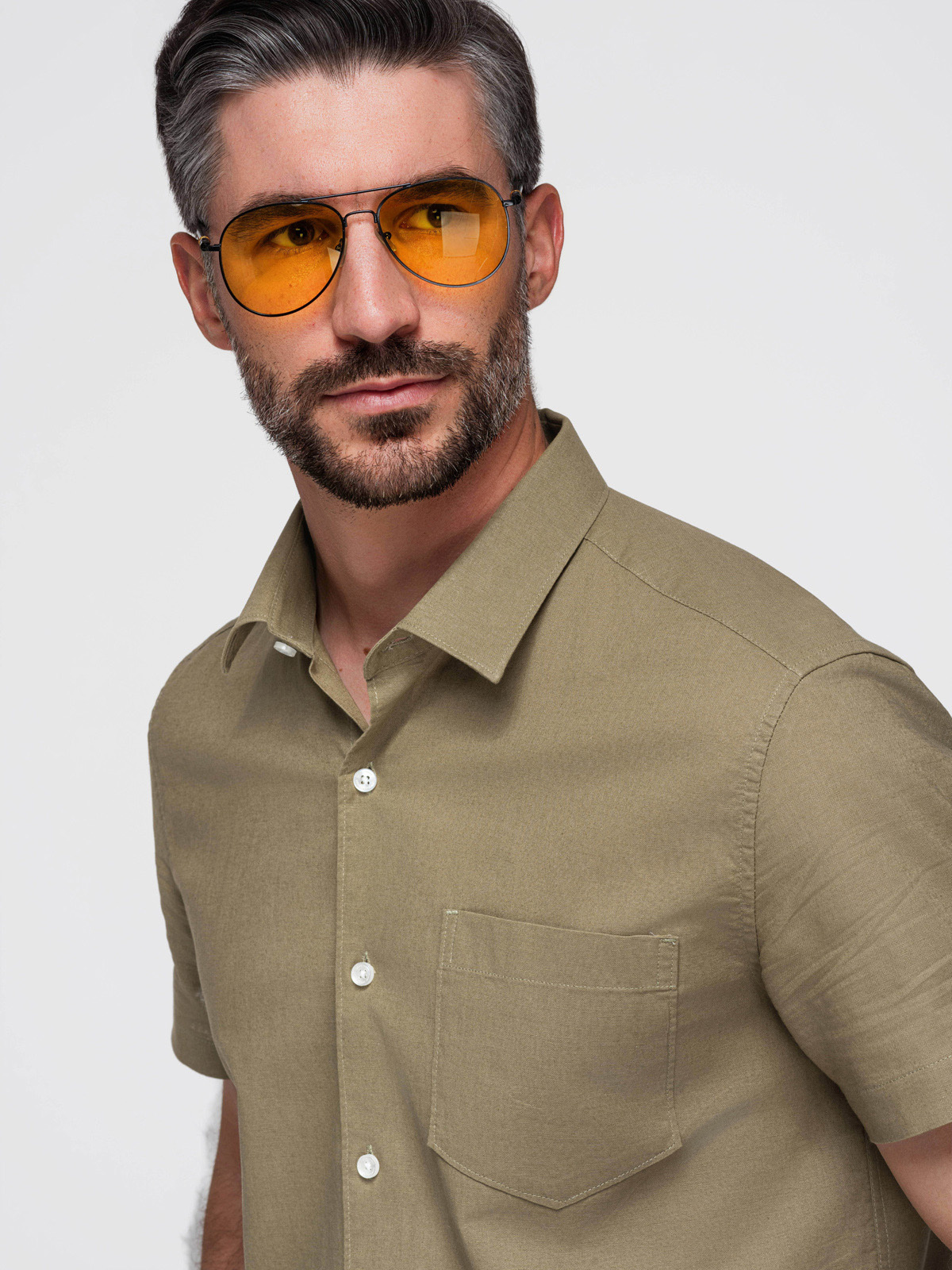 Ombre Men's short sleeve cotton and linen shirt with pocket - olive