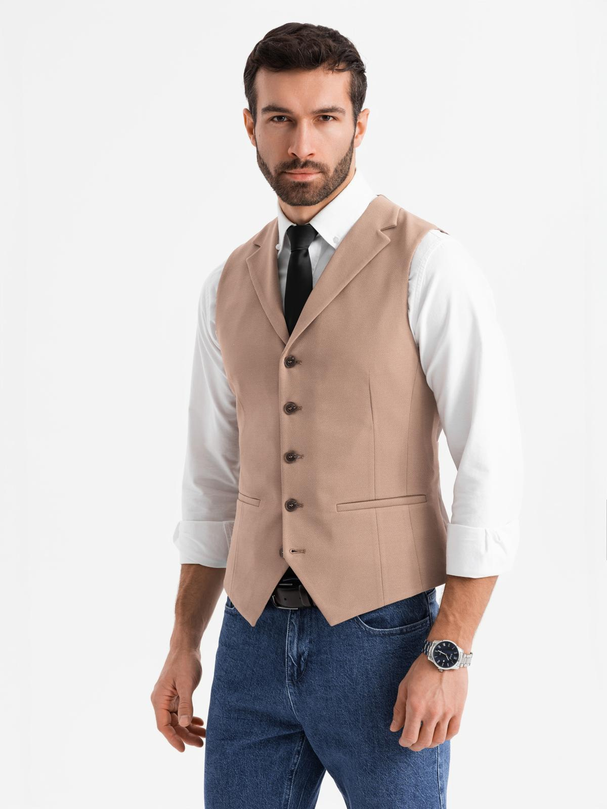 Ombre Fitted elegant men&#039;s vest with elastane and lapels - brown