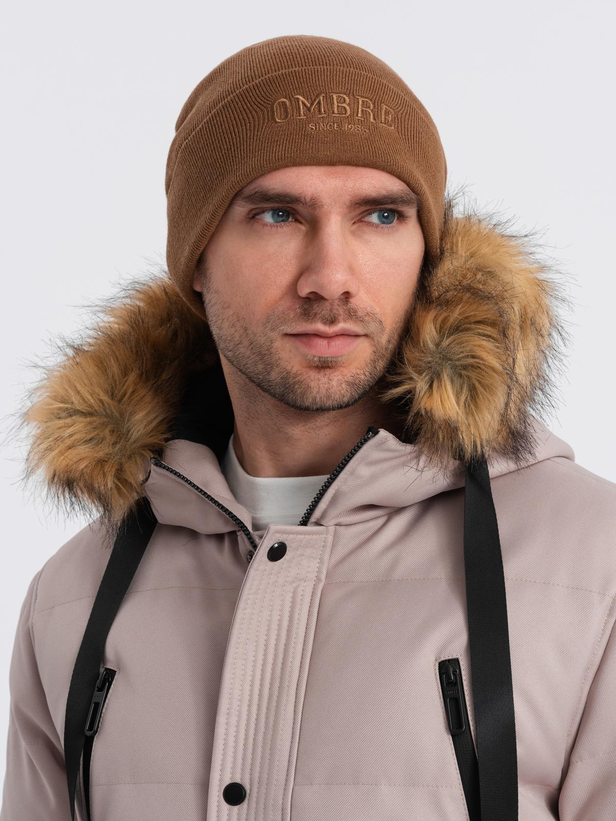 Ombre Men's knitted beanie with embroidered inscription - brown