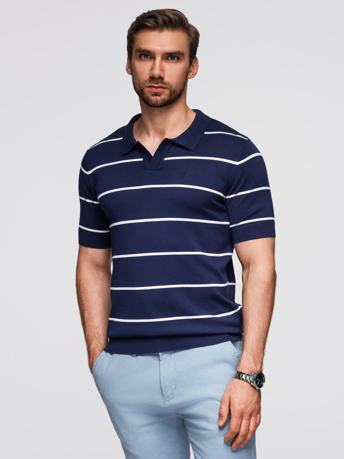 Ombre Men's horizontal striped polo shirt with viscose - navy blue and white