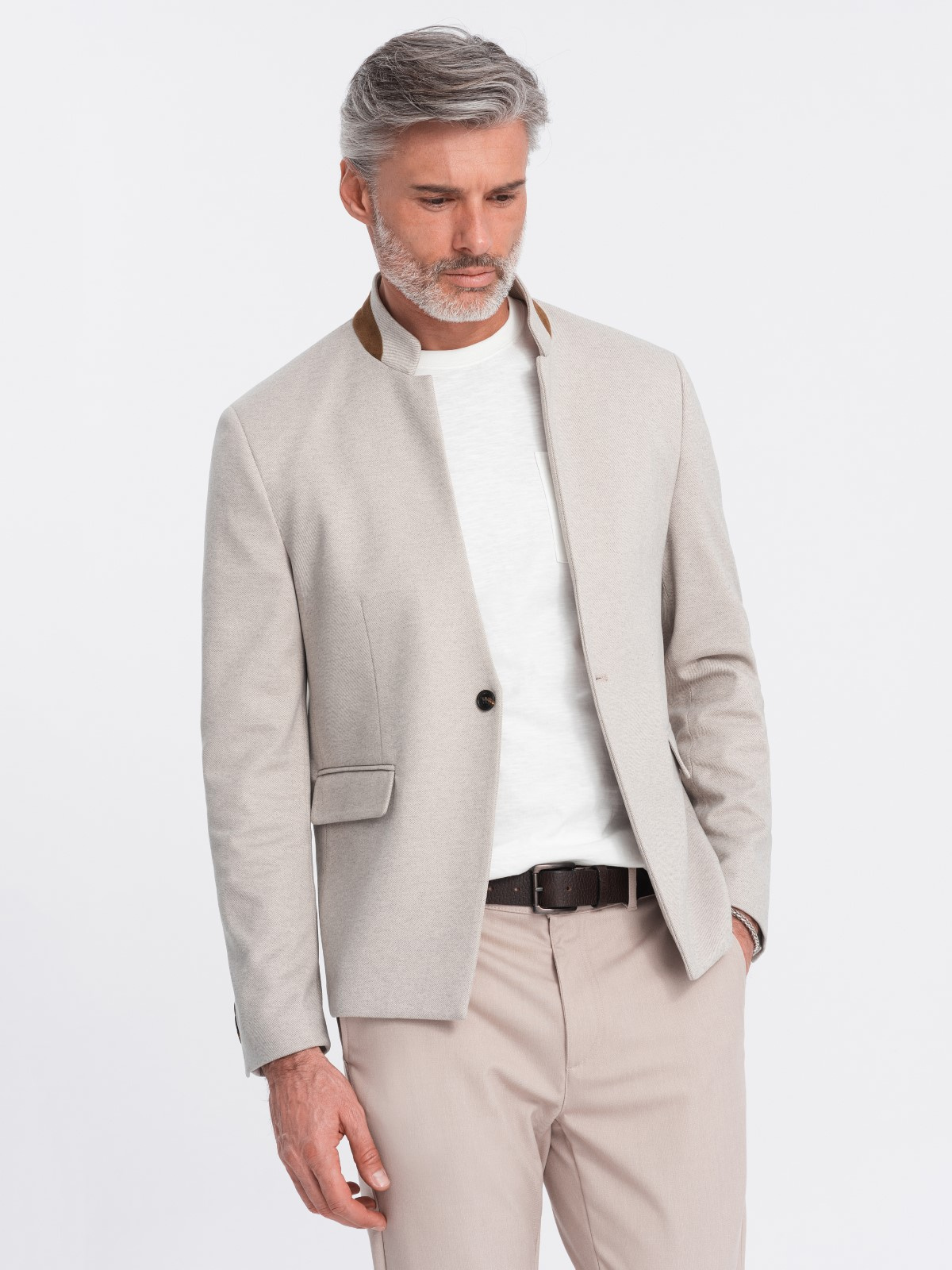 Ombre Men's Melange Rayon Jacket With Stand-up Collar - Beige Melange