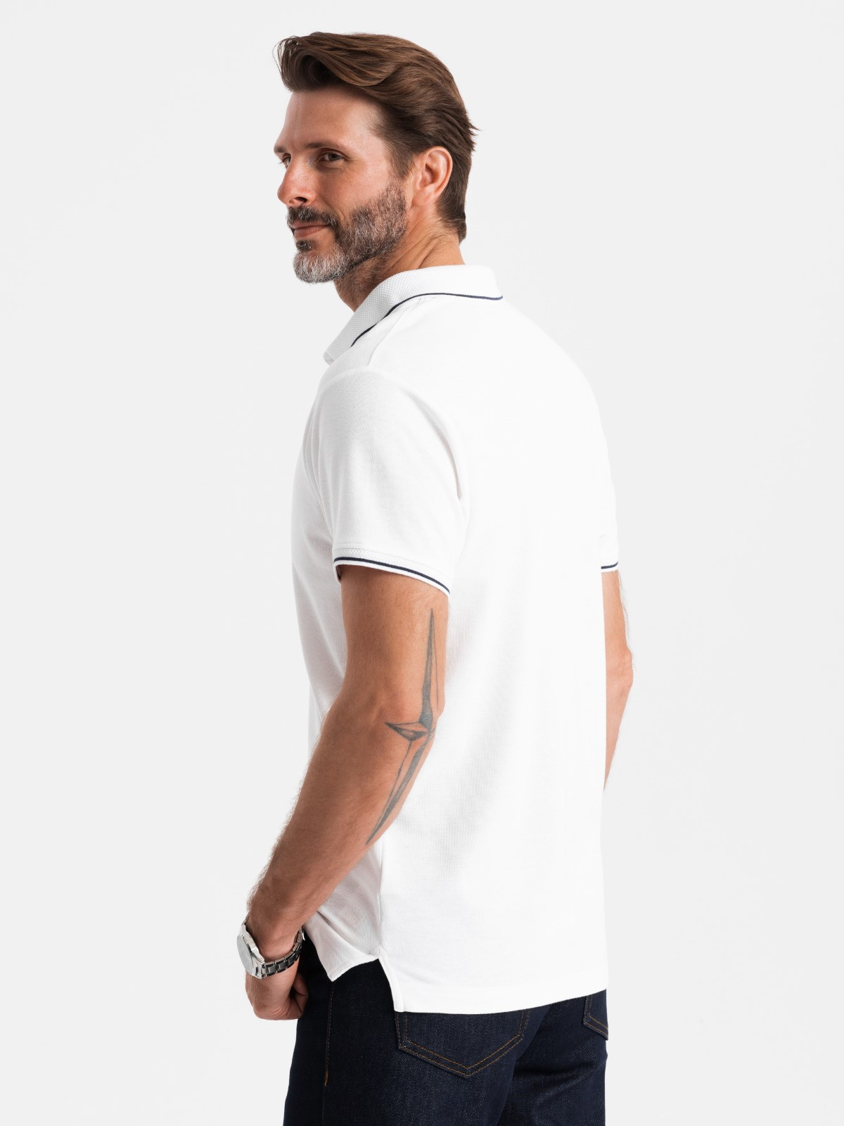 Ombre Men's pique knit polo shirt without buttons - white