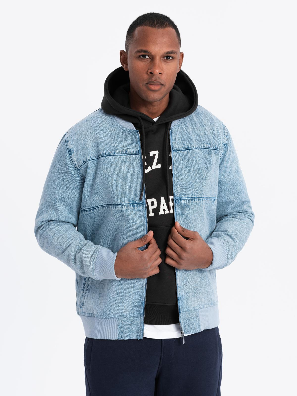 Ombre Mens denim bomber jacket with stone wash effect - light blue