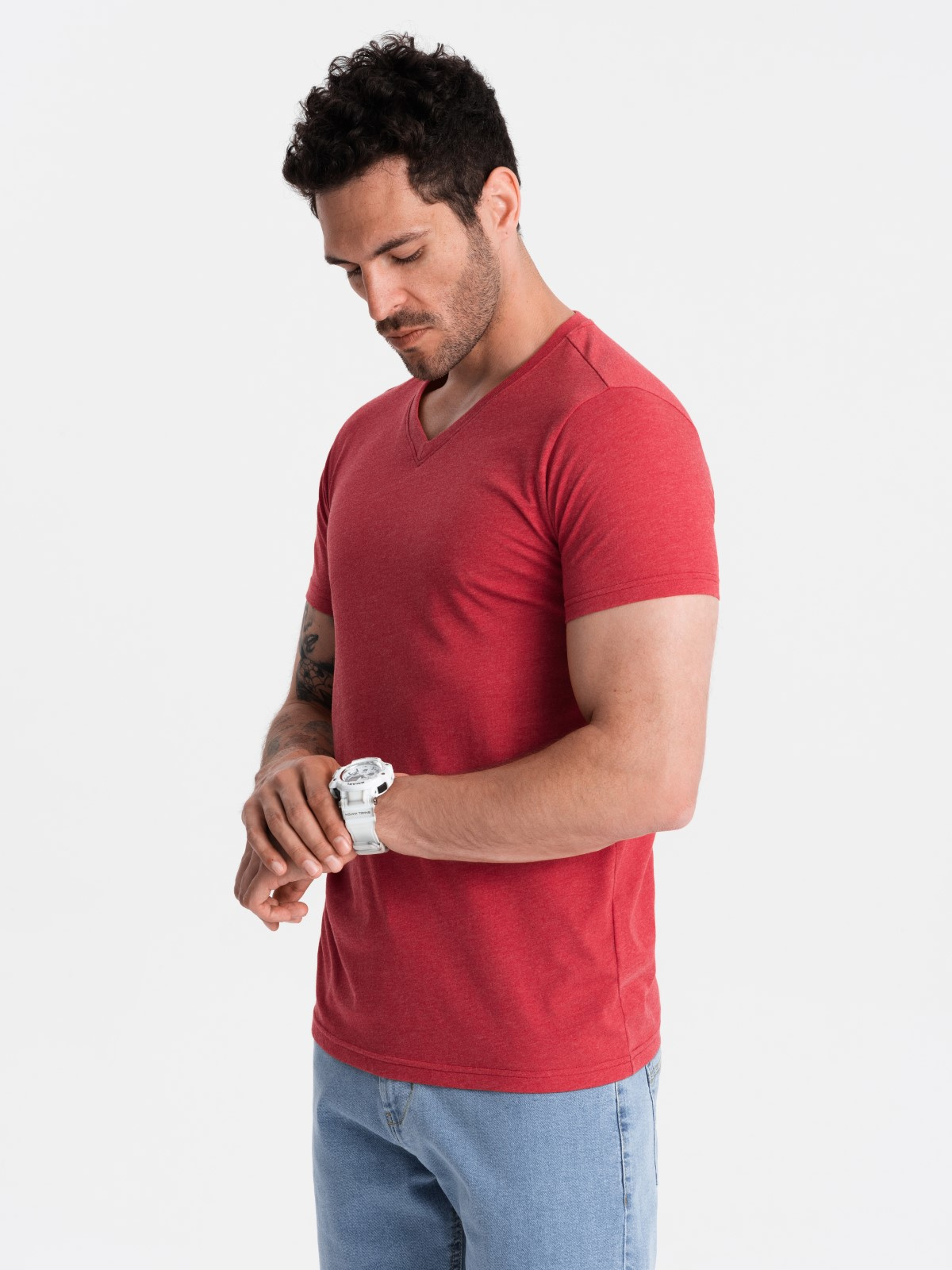 Ombre BASIC men's classic cotton tee-shirt with a crew neckline - red melange