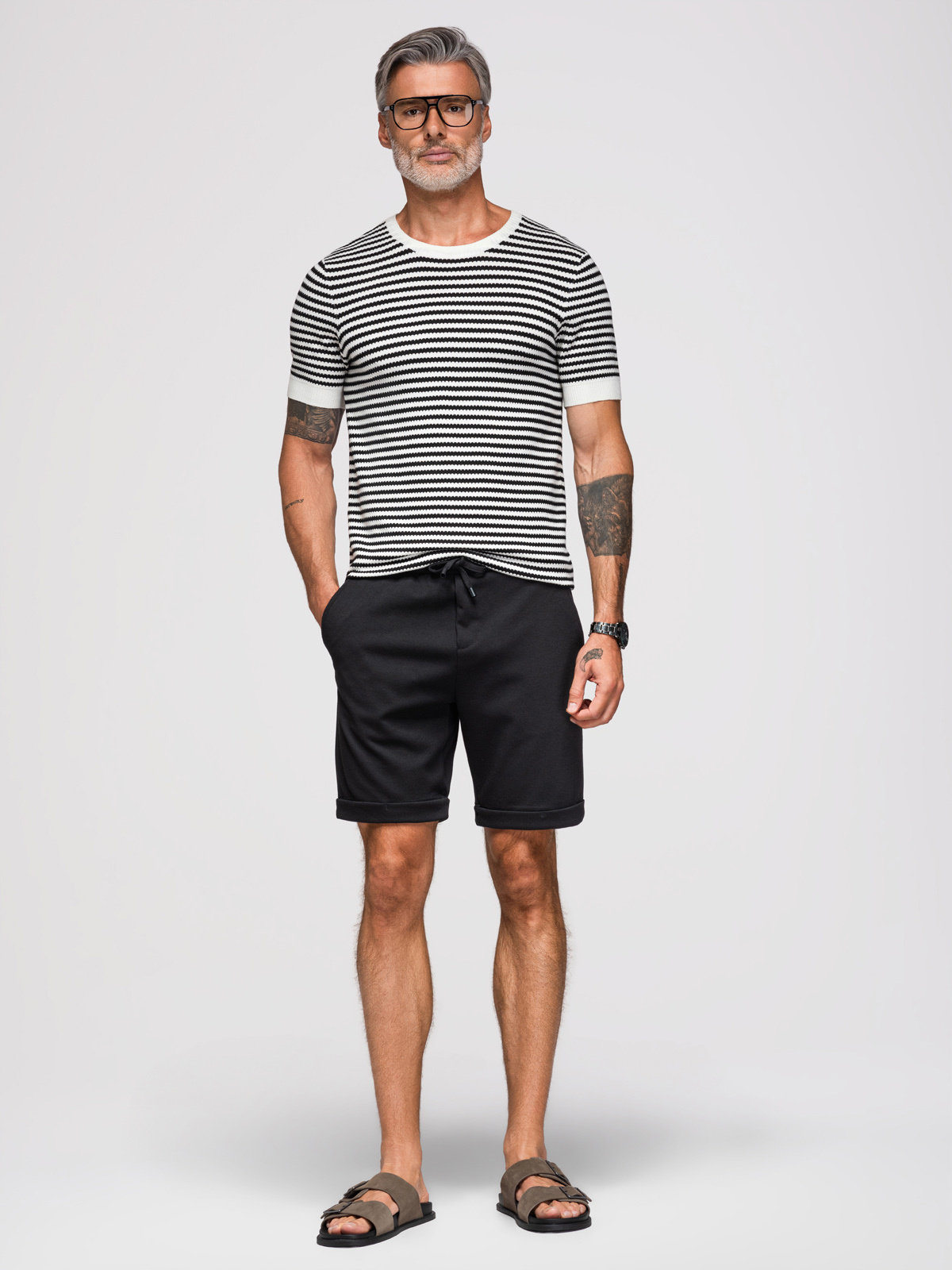 Ombre Men's knit shorts with rolled up legs - black