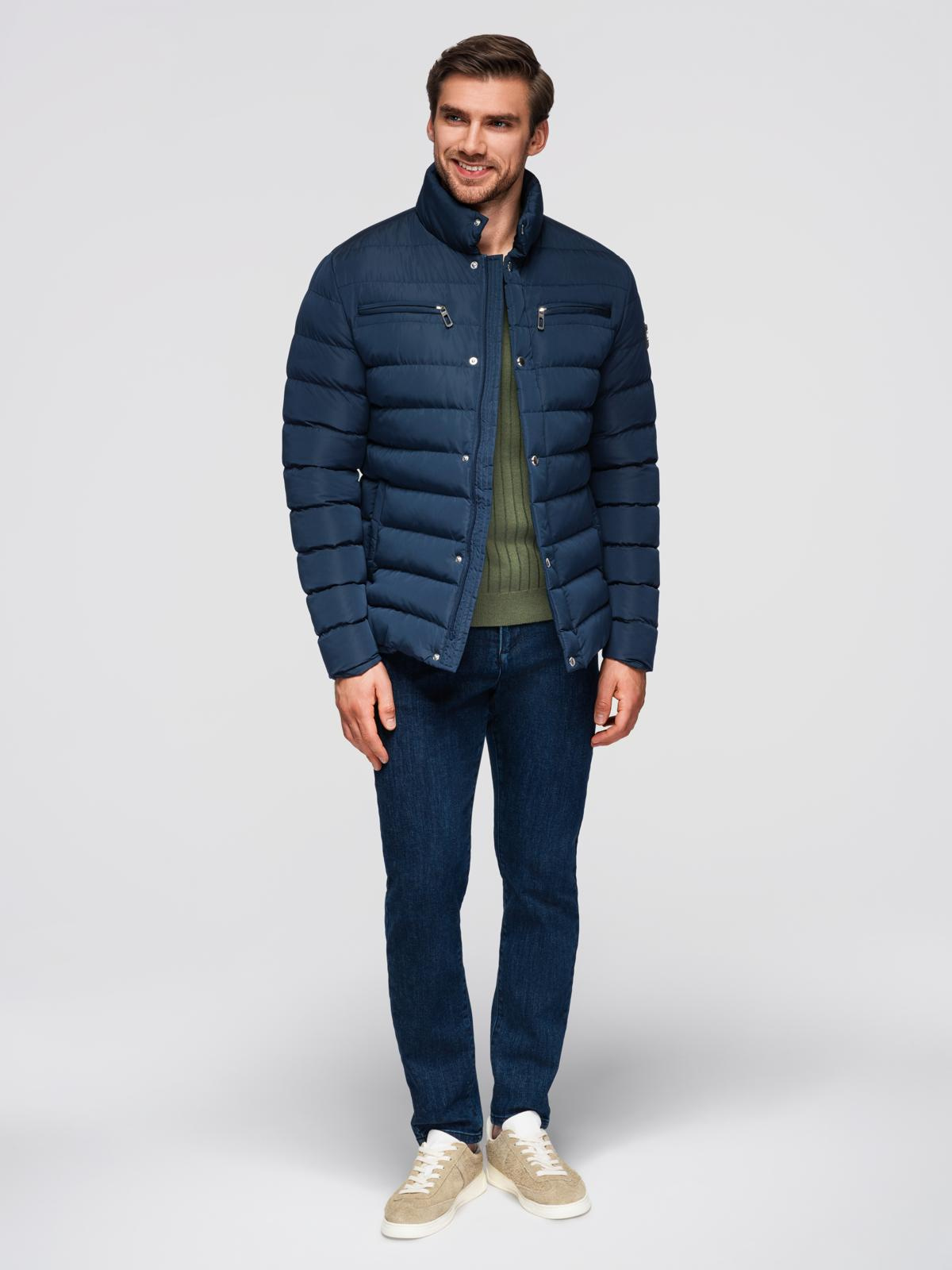 Ombre Men&#039;s quilted jacket with stand-up collar and chest zips - navy blue