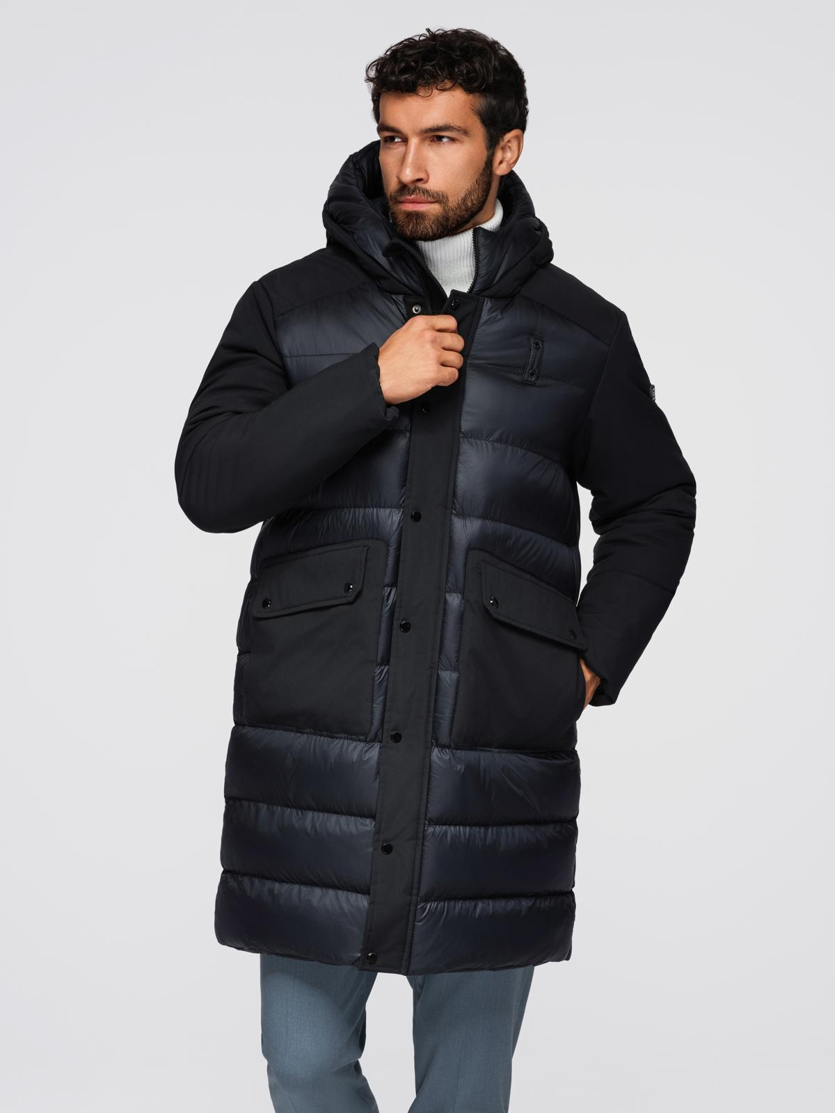Ombre Mens long quilted jacket with large pockets - black