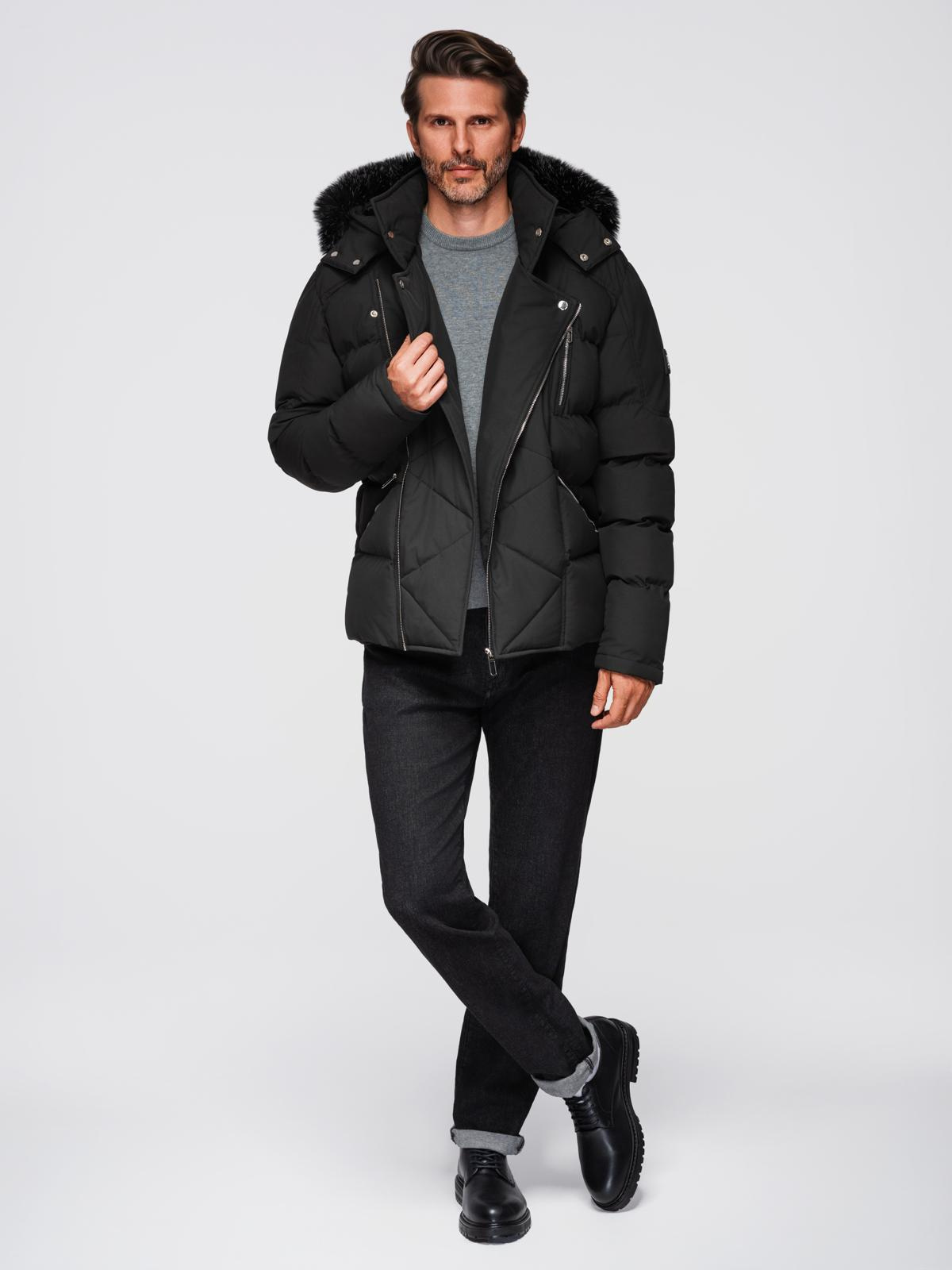 Ombre Men&#039;s quilted jacket with cut of ramoneski with hood - black