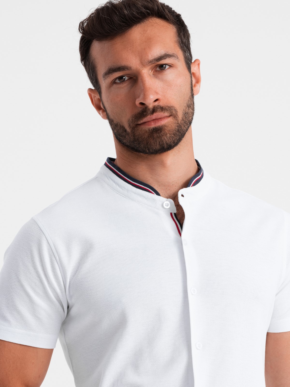 Ombre Men's knitted shirt with short sleeves and collared collar - white