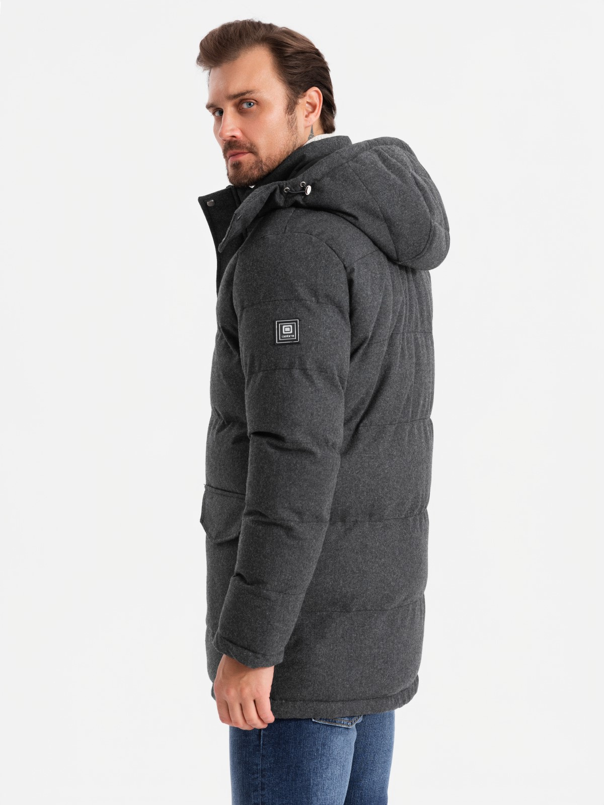 Ombre Men&#039;s long warm parka jacket with wool - black melange