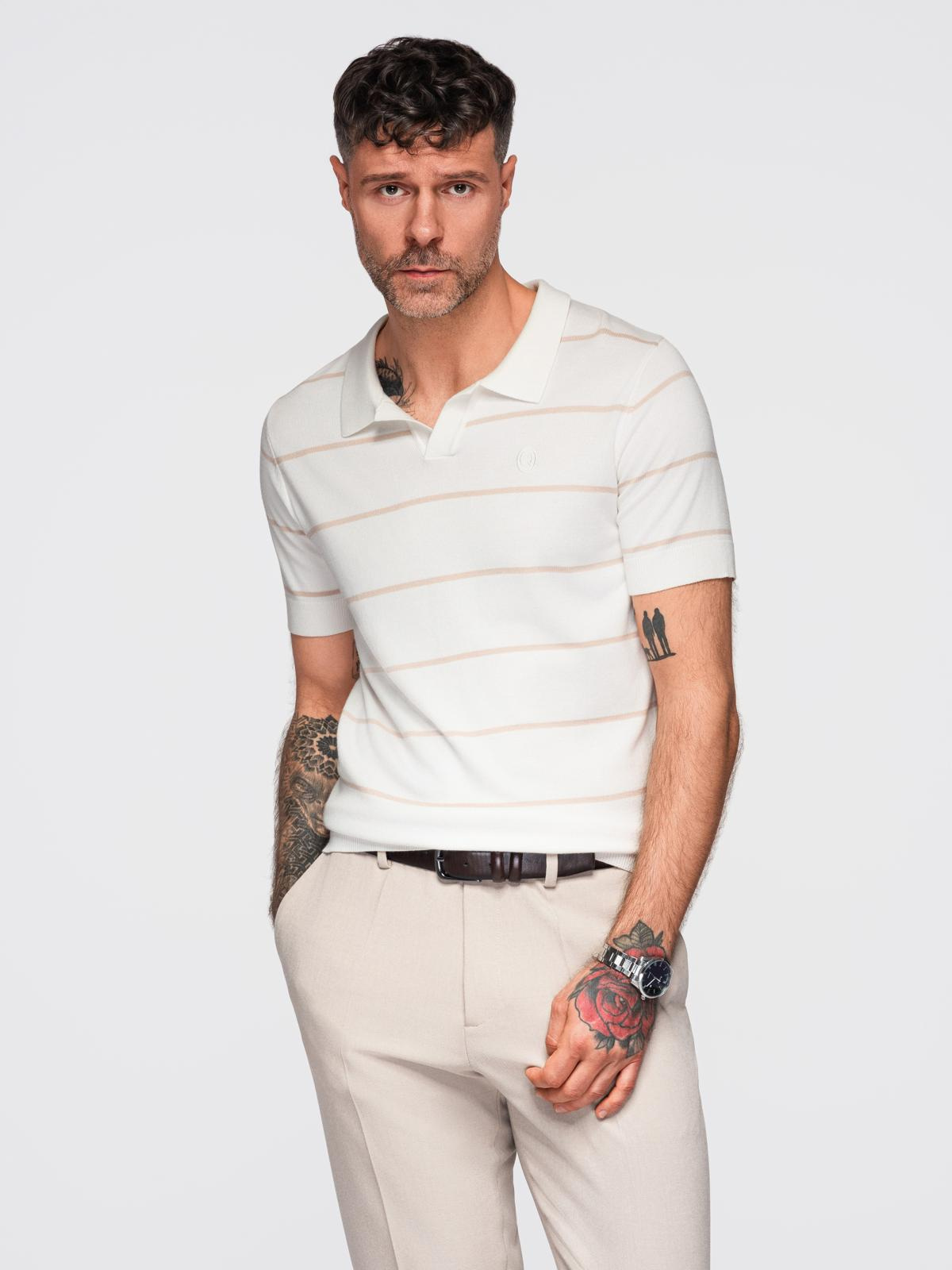 Ombre Men's horizontal striped viscose polo shirt - white and beige