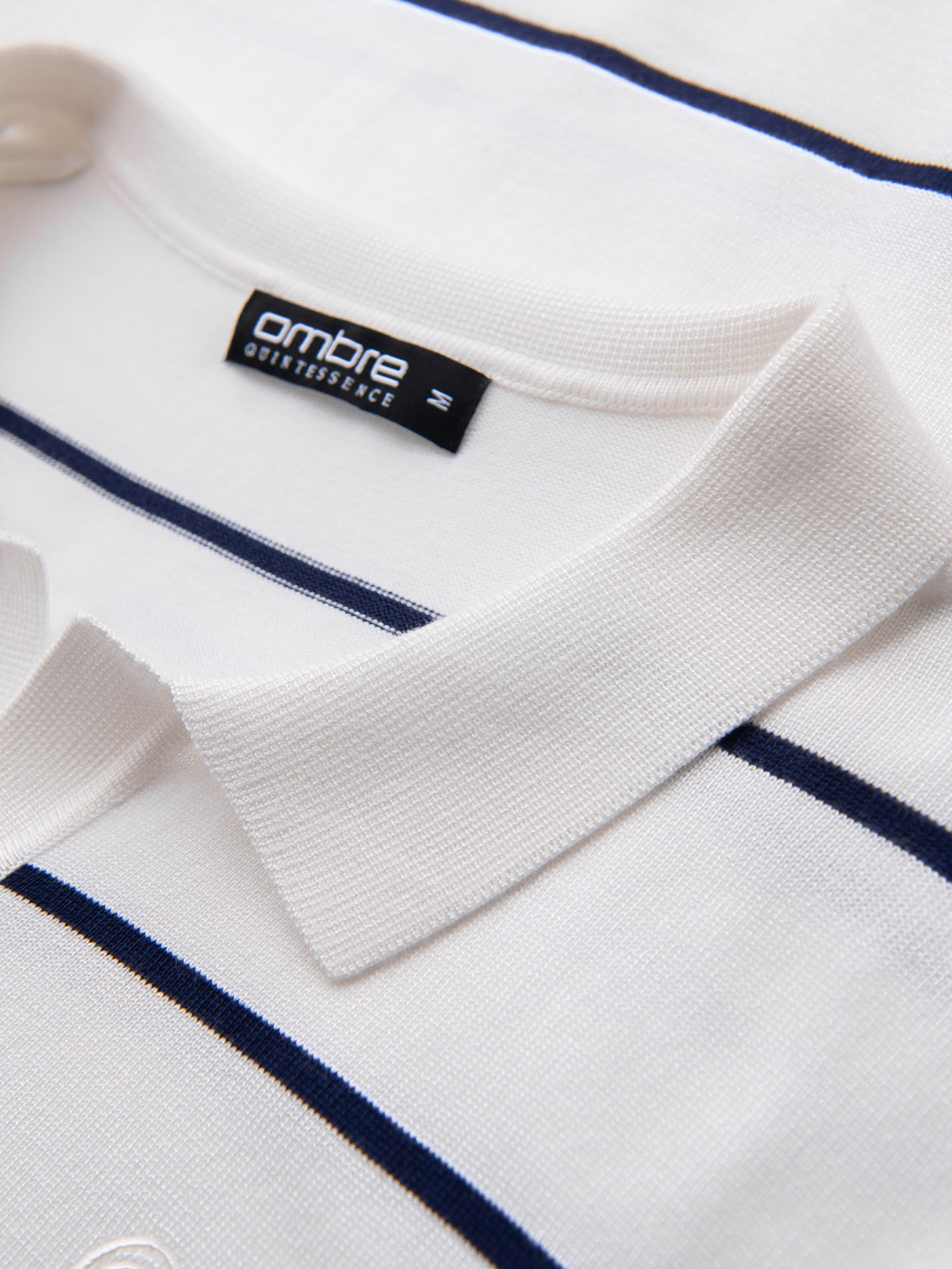 Ombre Men&#039;s horizontal striped polo longsleeve with viscose - white and navy blue