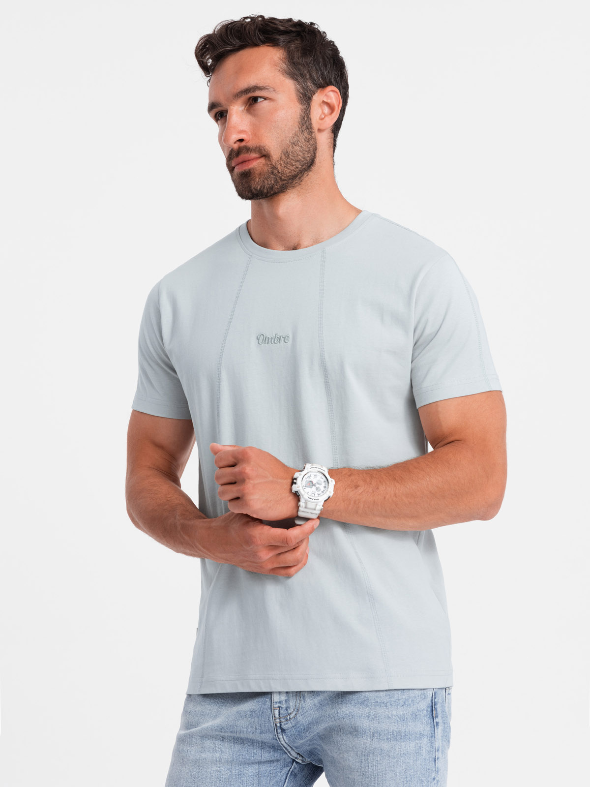 Ombre Men&#039;s cotton T-shirt with delicate embroidery - light grey