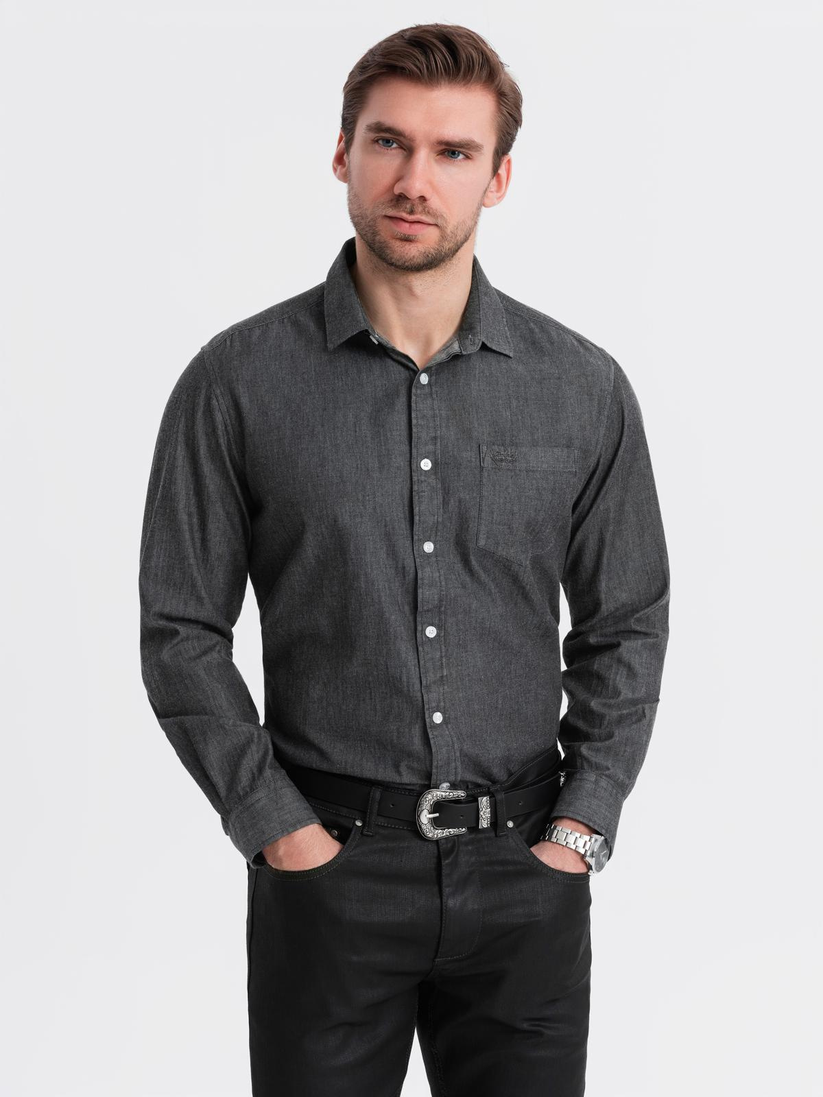 Ombre Men&#039;s denim shirt with embroidered pocket - black
