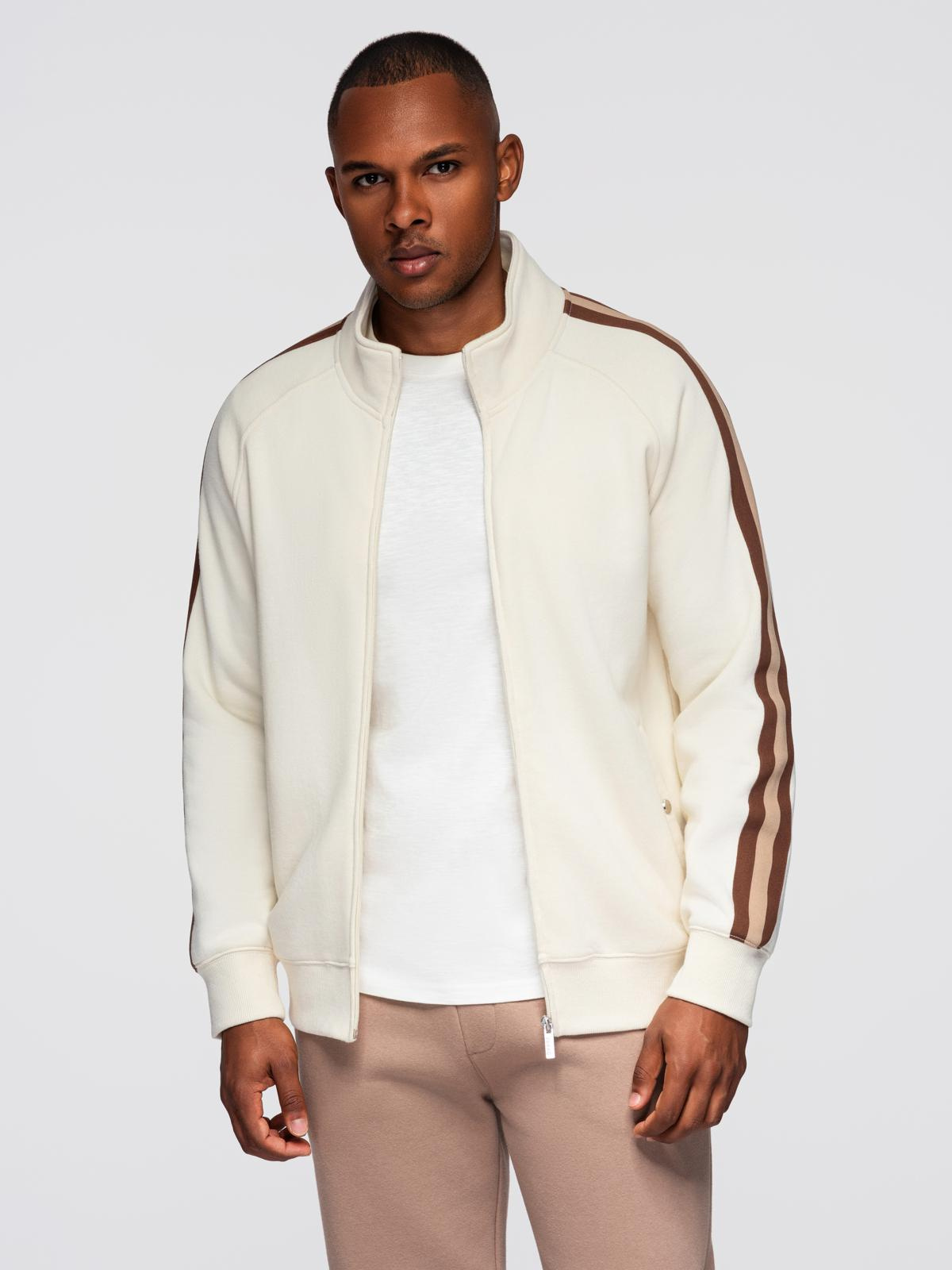 Ombre Men&#039;s sweatshirt with high collar and stripes - cream